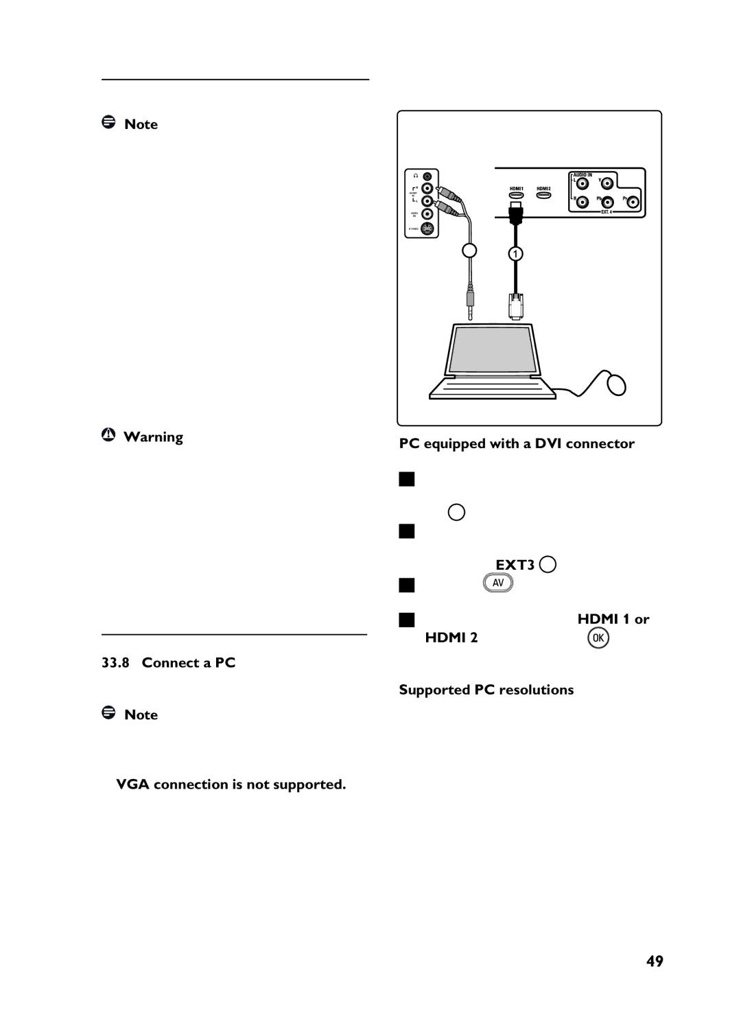 Philips 15/20HF5234 manual Connect a PC, VGA connection is not supported, PC equipped with a DVI connector 