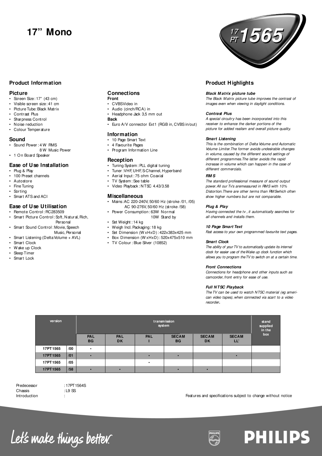 Philips 1565 Product Information Picture Connections, Product Highlights, Sound Information, Reception, Miscellaneous 