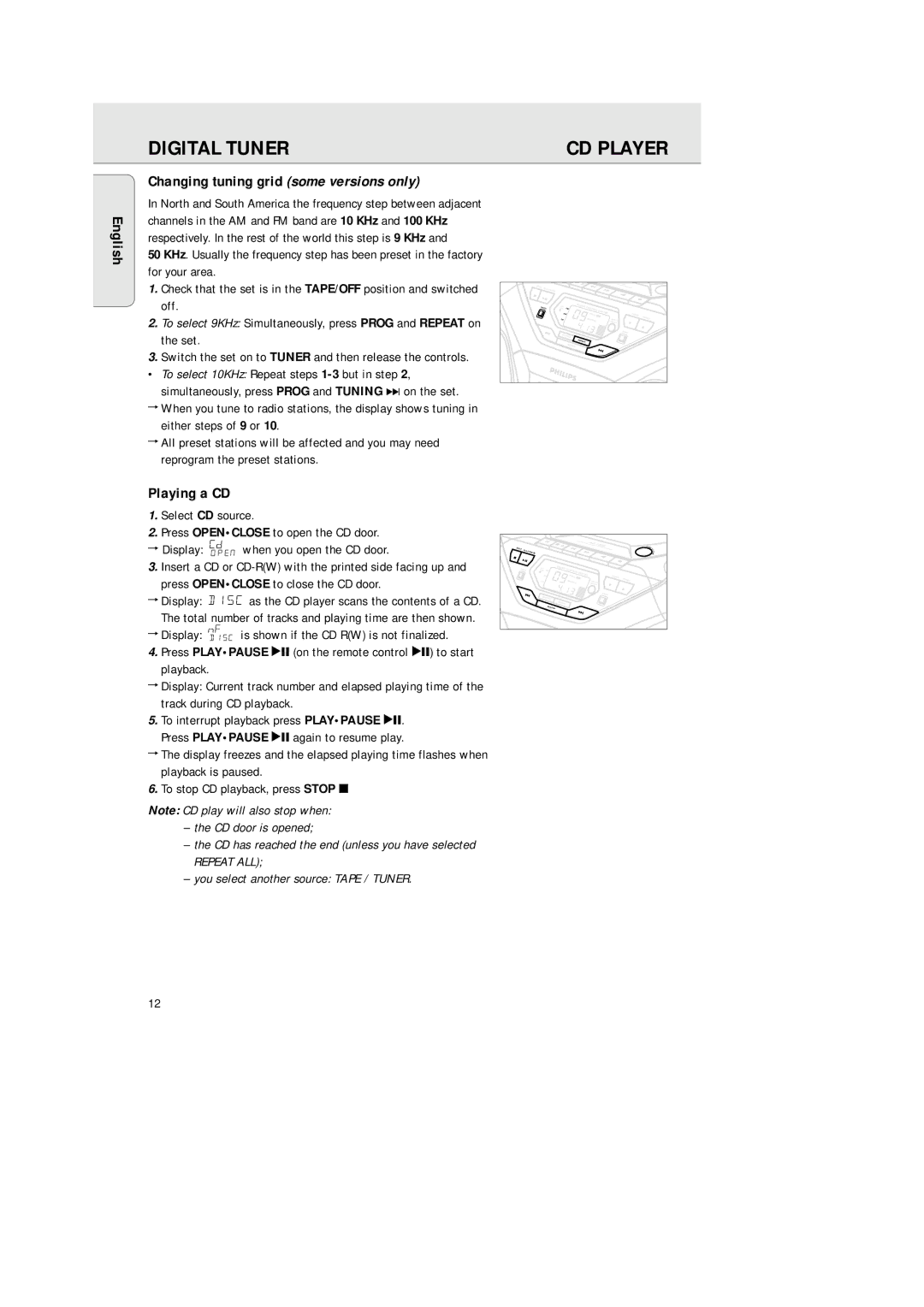 Philips 1575 manual English Changing tuning grid some versions only, Playing a CD, Press Openclose to close the CD door 