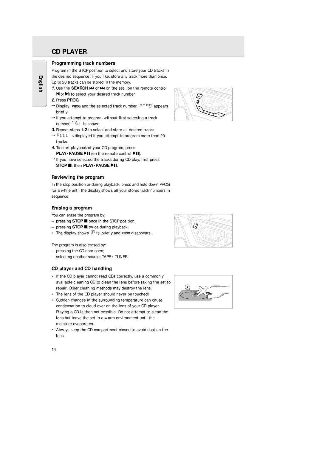 Philips 1575 manual English Programming track numbers, Reviewing the program, Erasing a program, CD player and CD handling 