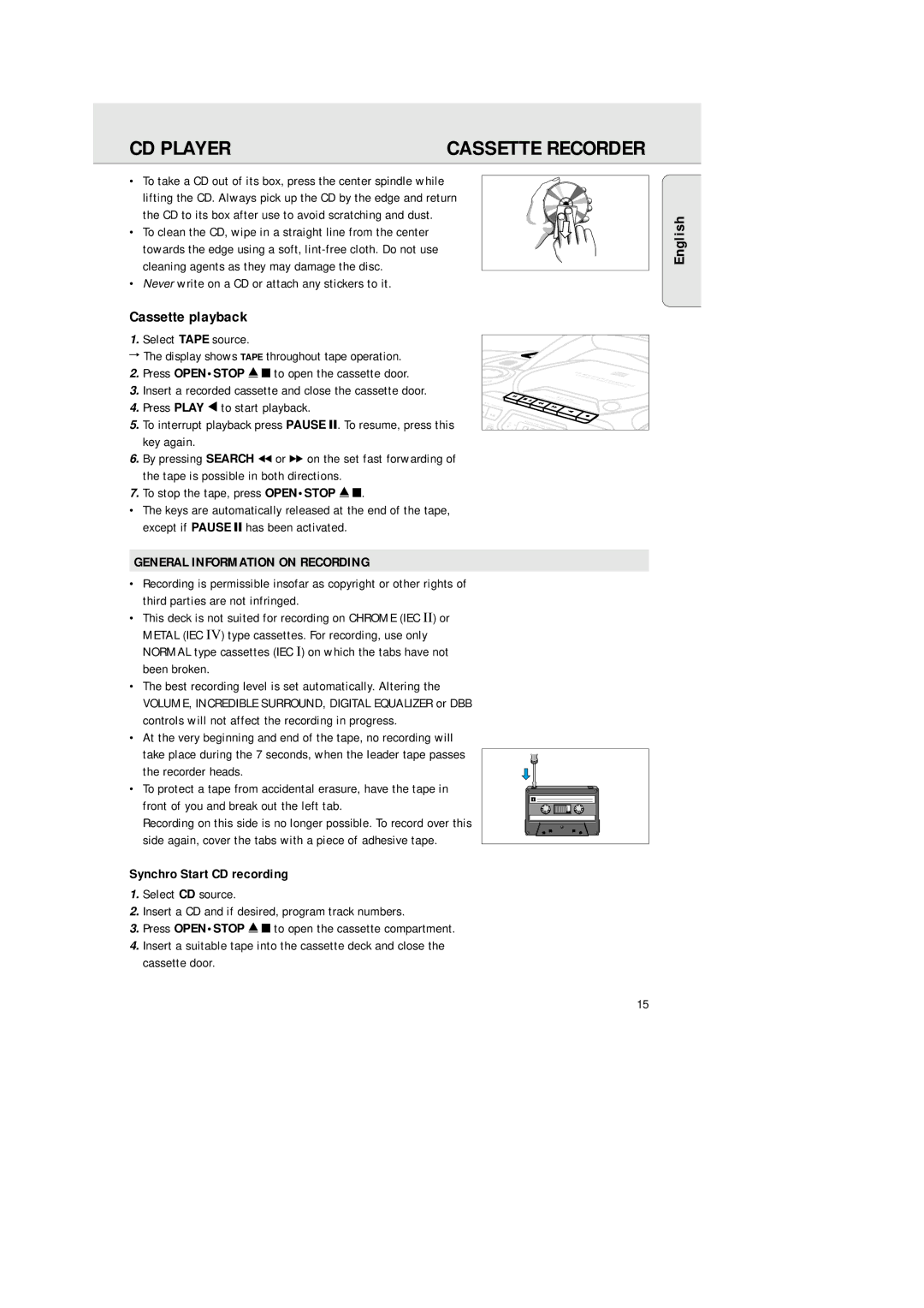 Philips 1575 manual English Cassette playback, General Information on Recording, Synchro Start CD recording 