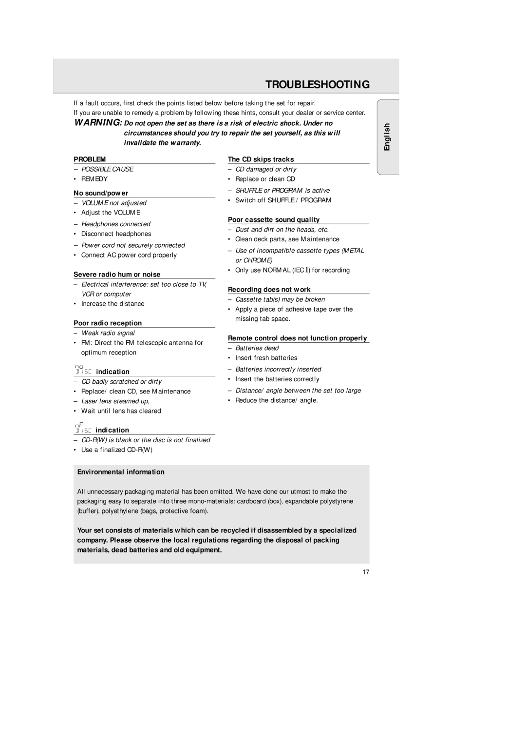 Philips 1575 manual Troubleshooting, Problem 