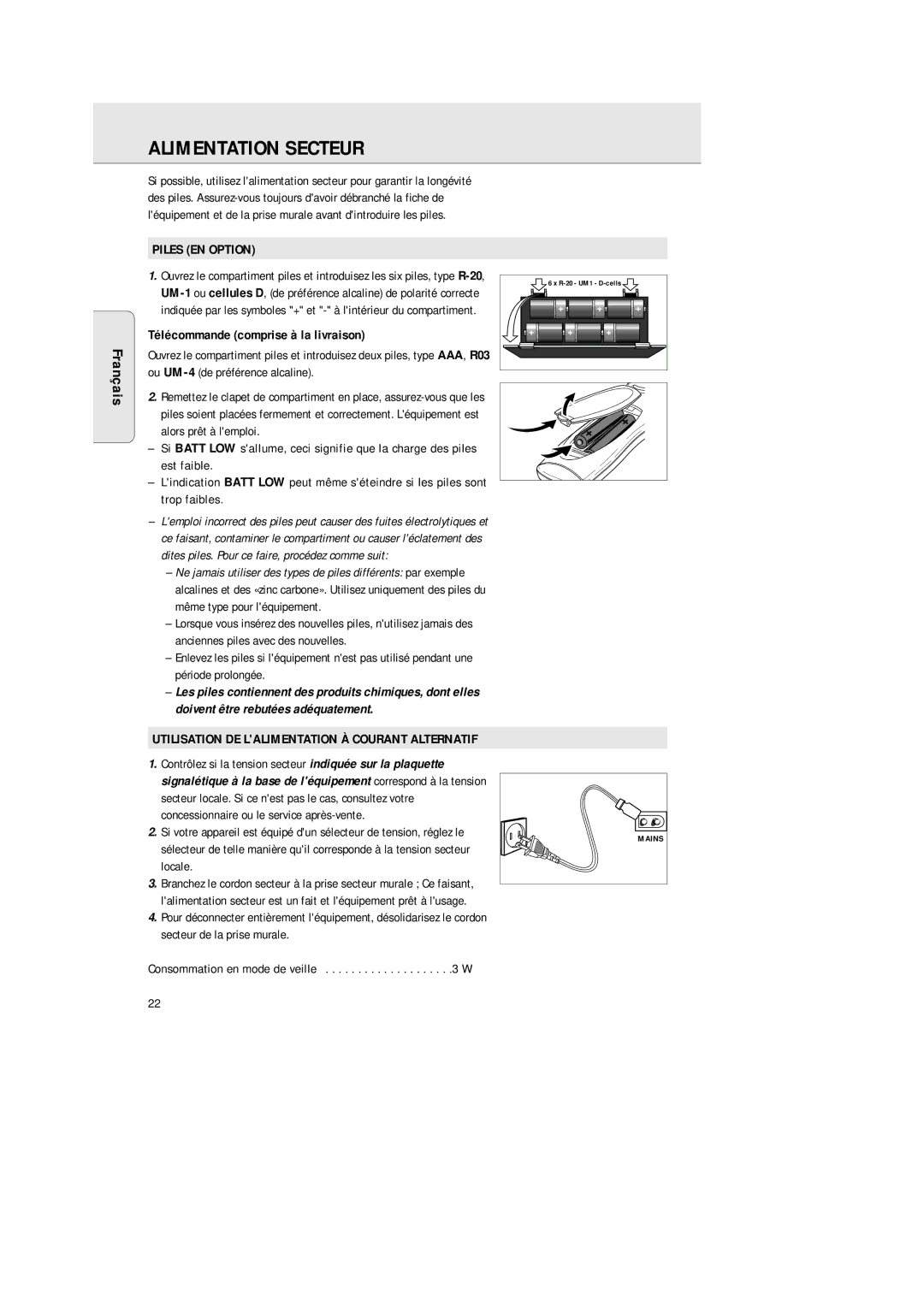 Philips 1575 manual Alimentation Secteur, Piles EN Option, Télécommande comprise à la livraison, Locale 