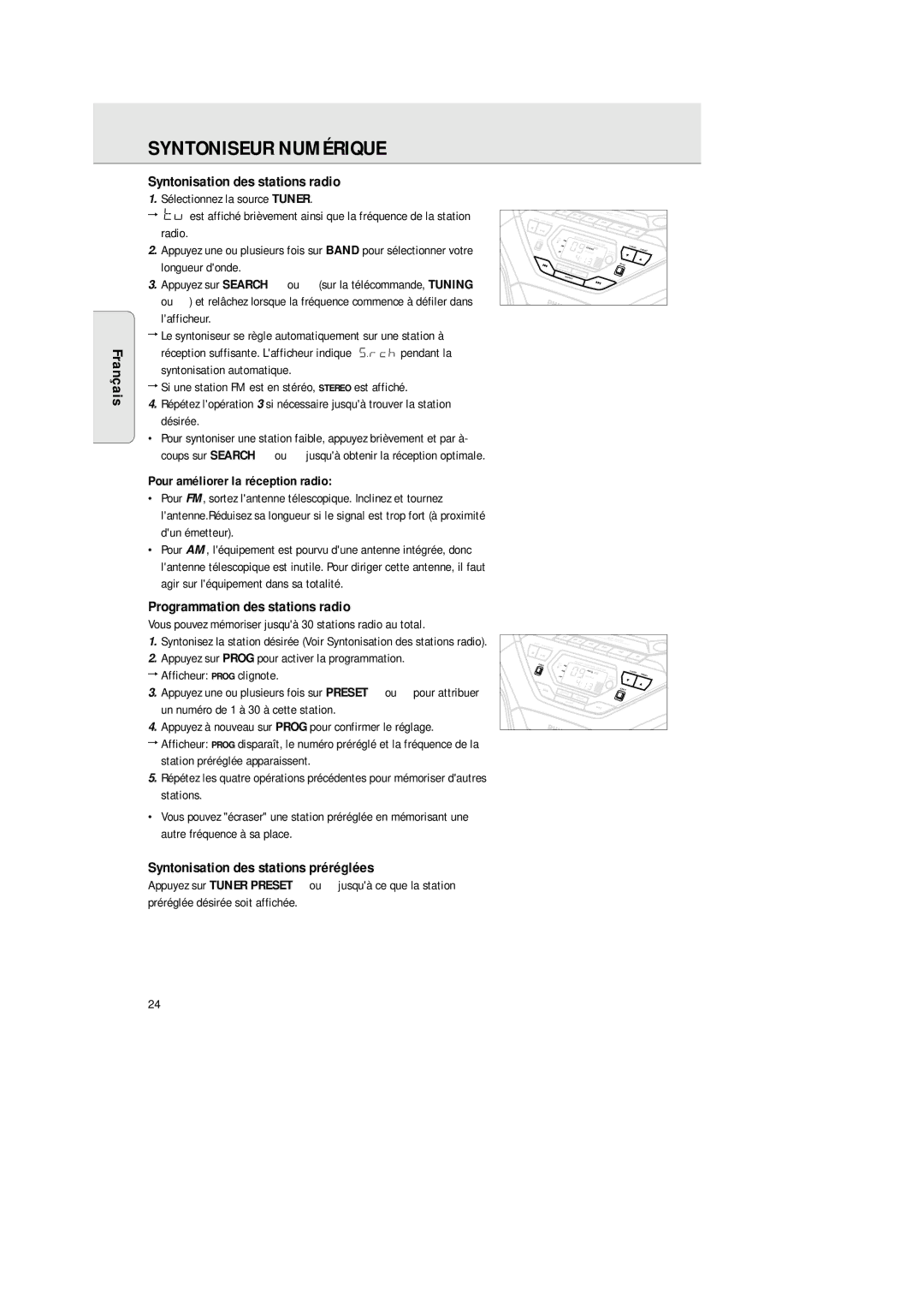 Philips 1575 manual Syntoniseur Numérique, Français Syntonisation des stations radio, Programmation des stations radio 