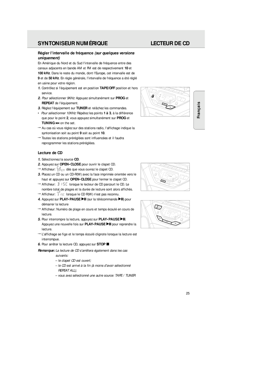 Philips 1575 manual Lecture de CD, Haut et appuyez sur Openclose pour fermer le clapet CD 