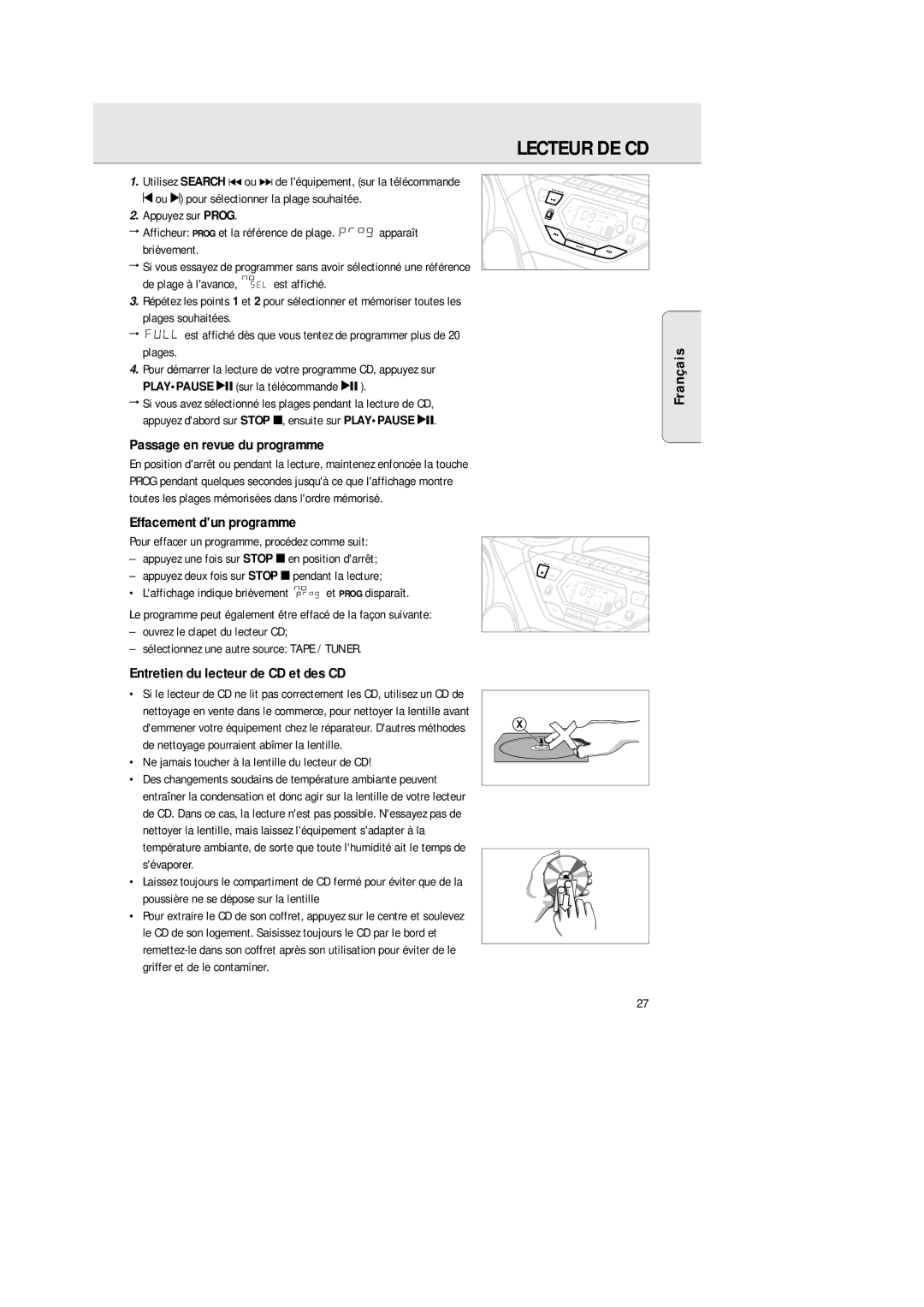 Philips 1575 manual Passage en revue du programme, Effacement dun programme, Entretien du lecteur de CD et des CD 