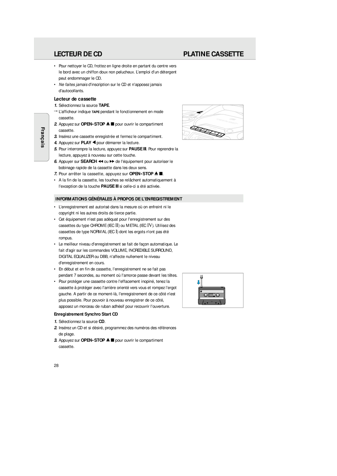 Philips 1575 manual Français Lecteur de cassette, Informations Générales À Propos DE Lenregistrement 