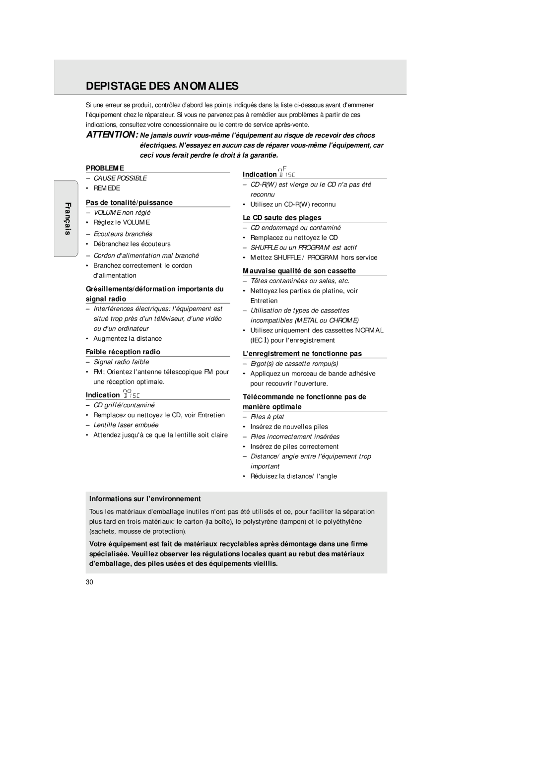 Philips 1575 manual Depistage DES Anomalies, Probleme 