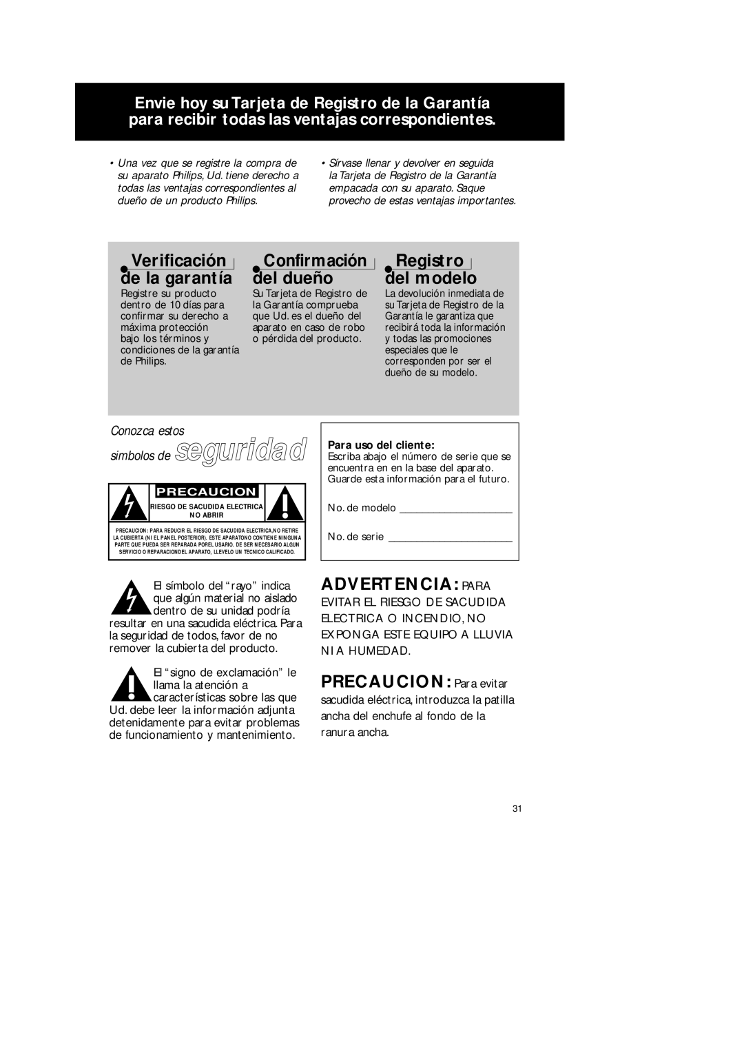 Philips 1575 manual Advertencia Para, Para uso del cliente, No. de modelo No. de serie 