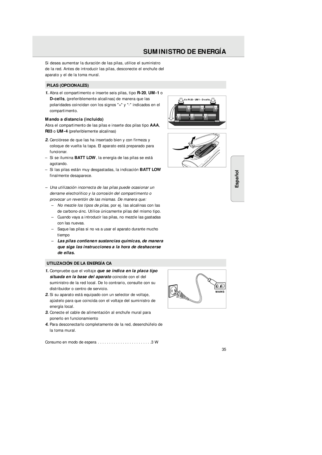 Philips 1575 manual Suministro DE Energía, Pilas Opcionales, Mando a distancia incluido, Utilización DE LA Energía CA 