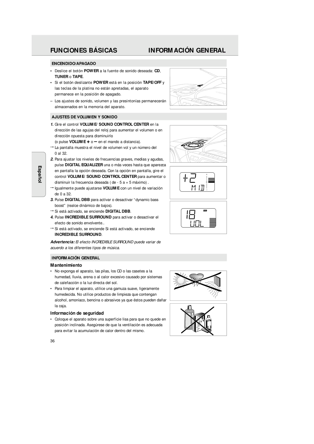 Philips 1575 manual Funciones Básicas, Mantenimiento, Información de seguridad 