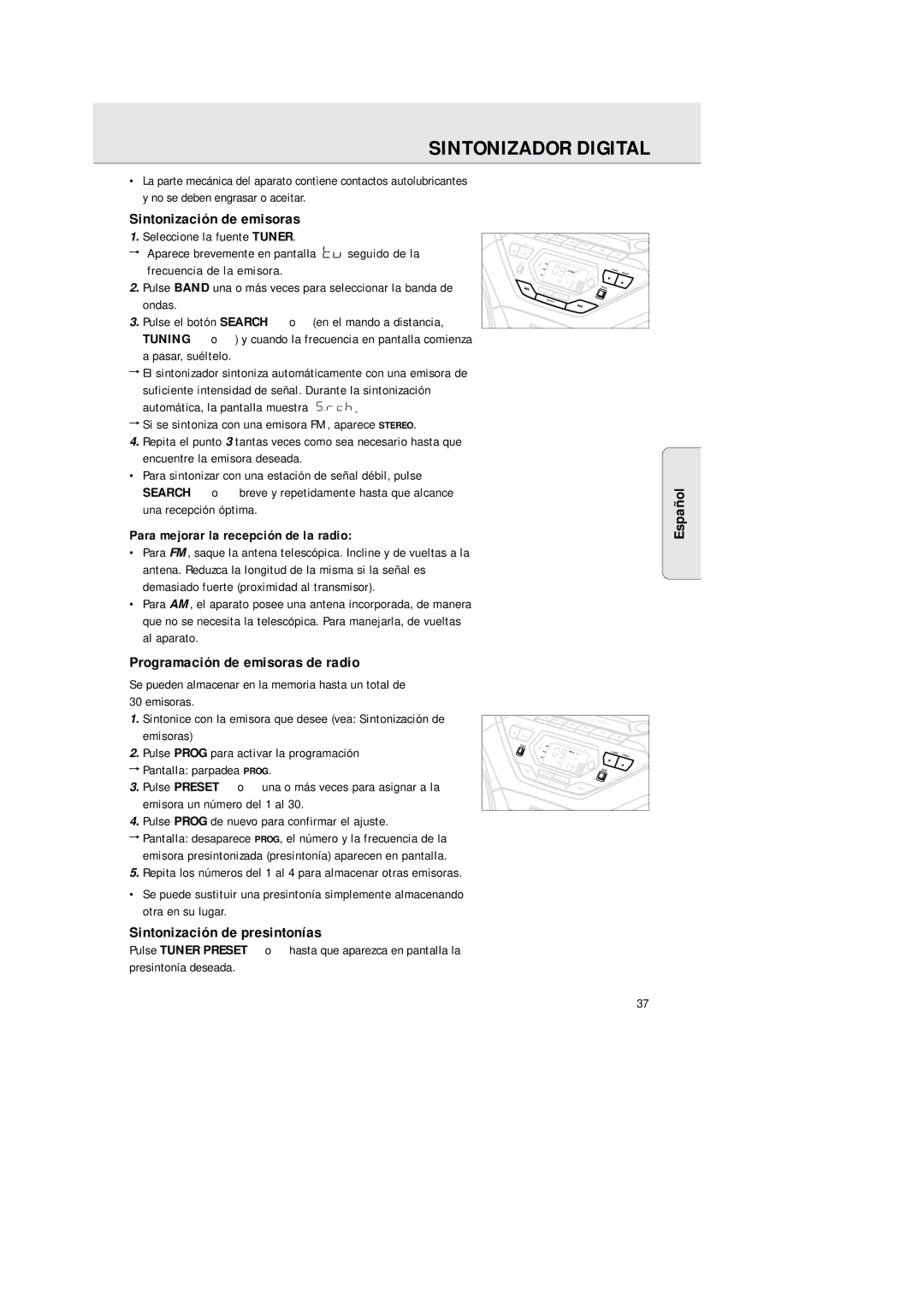 Philips 1575 manual Sintonizador Digital, Sintonización de emisoras, Español Programación de emisoras de radio 