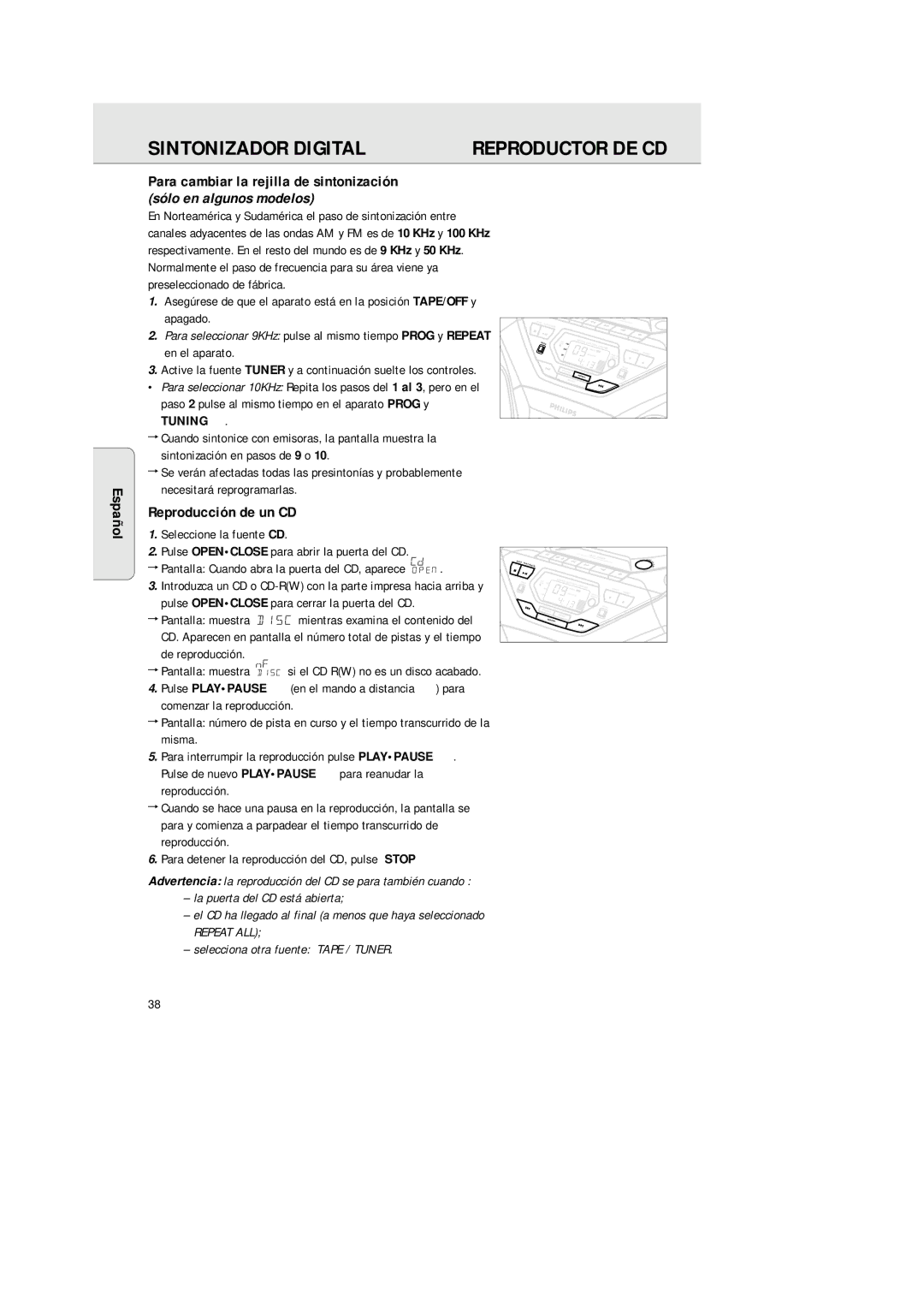 Philips 1575 manual Ñol Reproducción de un CD, Pantalla muestra si el CD RW no es un disco acabado 