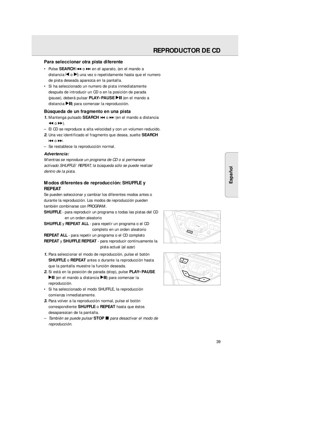 Philips 1575 manual Reproductor DE CD, Para seleccionar otra pista diferente, Búsqueda de un fragmento en una pista 