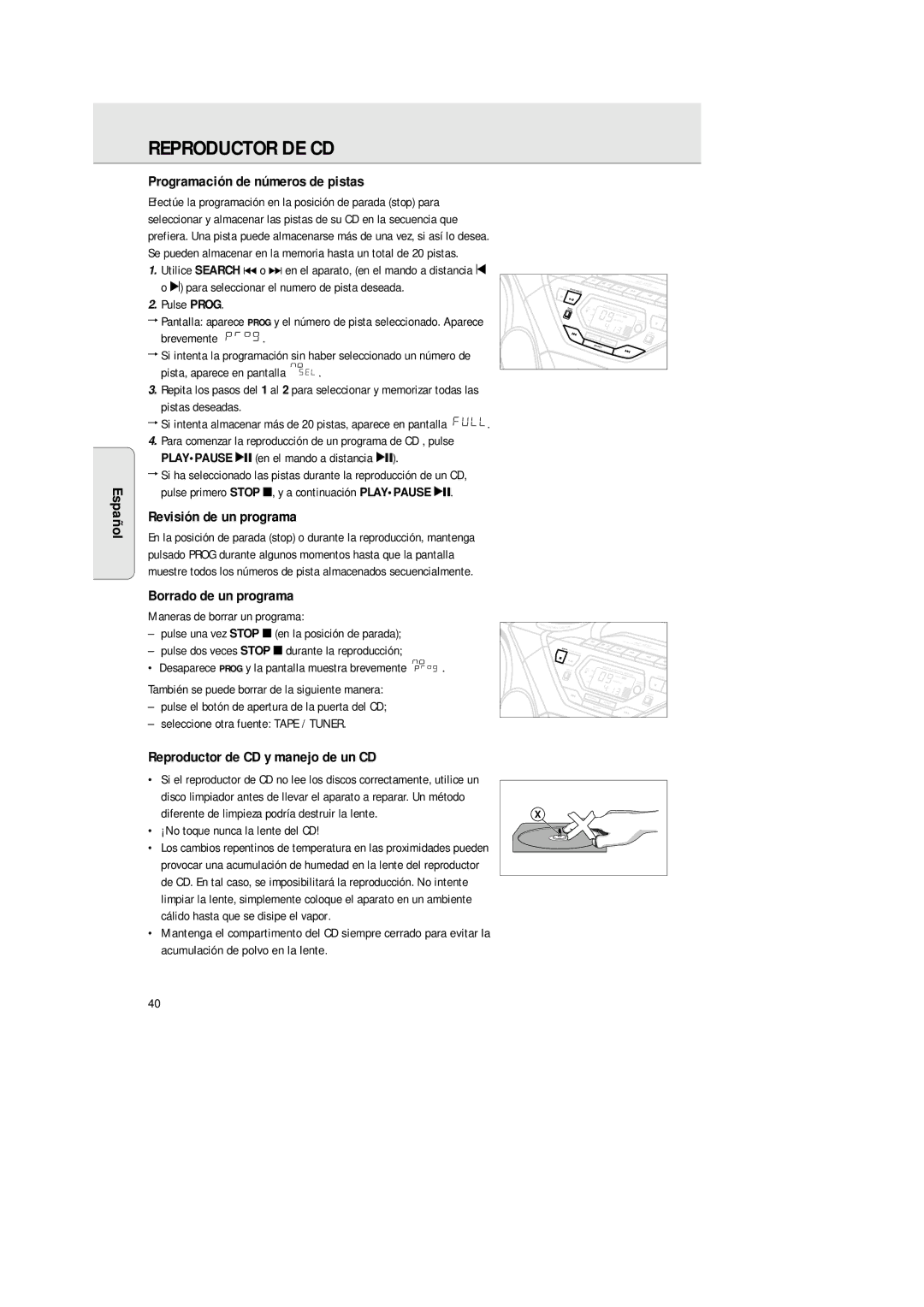 Philips 1575 manual Programación de números de pistas, Ñol Revisión de un programa, Borrado de un programa 