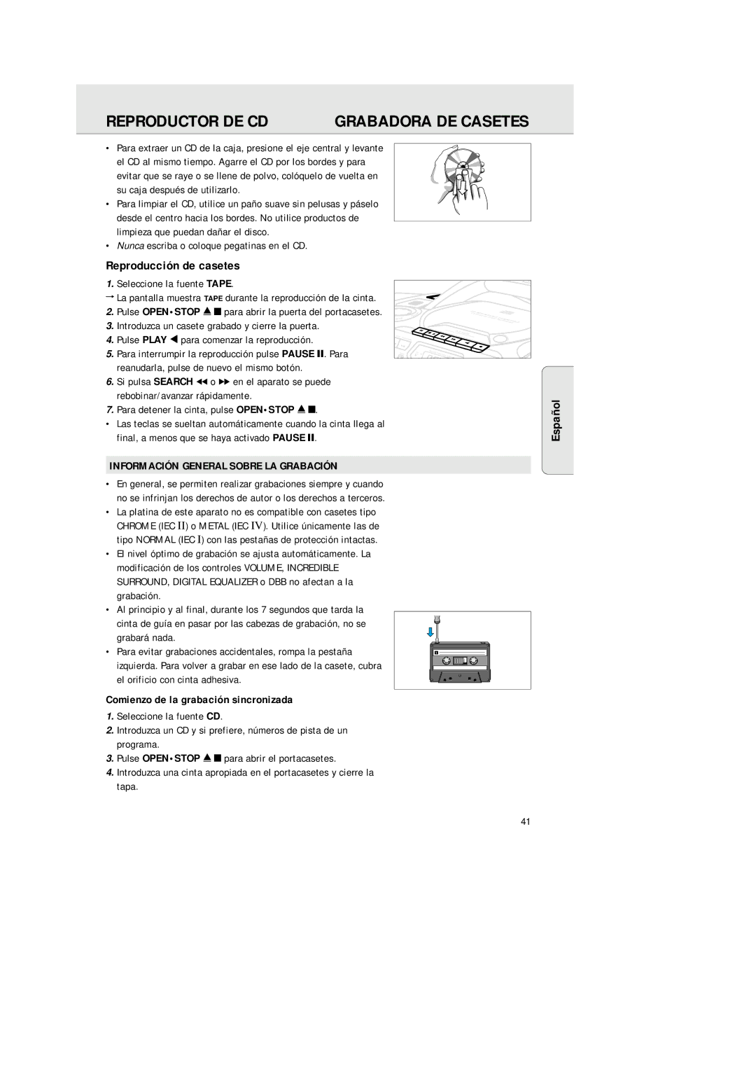 Philips 1575 manual Reproducción de casetes, Información General Sobre LA Grabación, Comienzo de la grabación sincronizada 