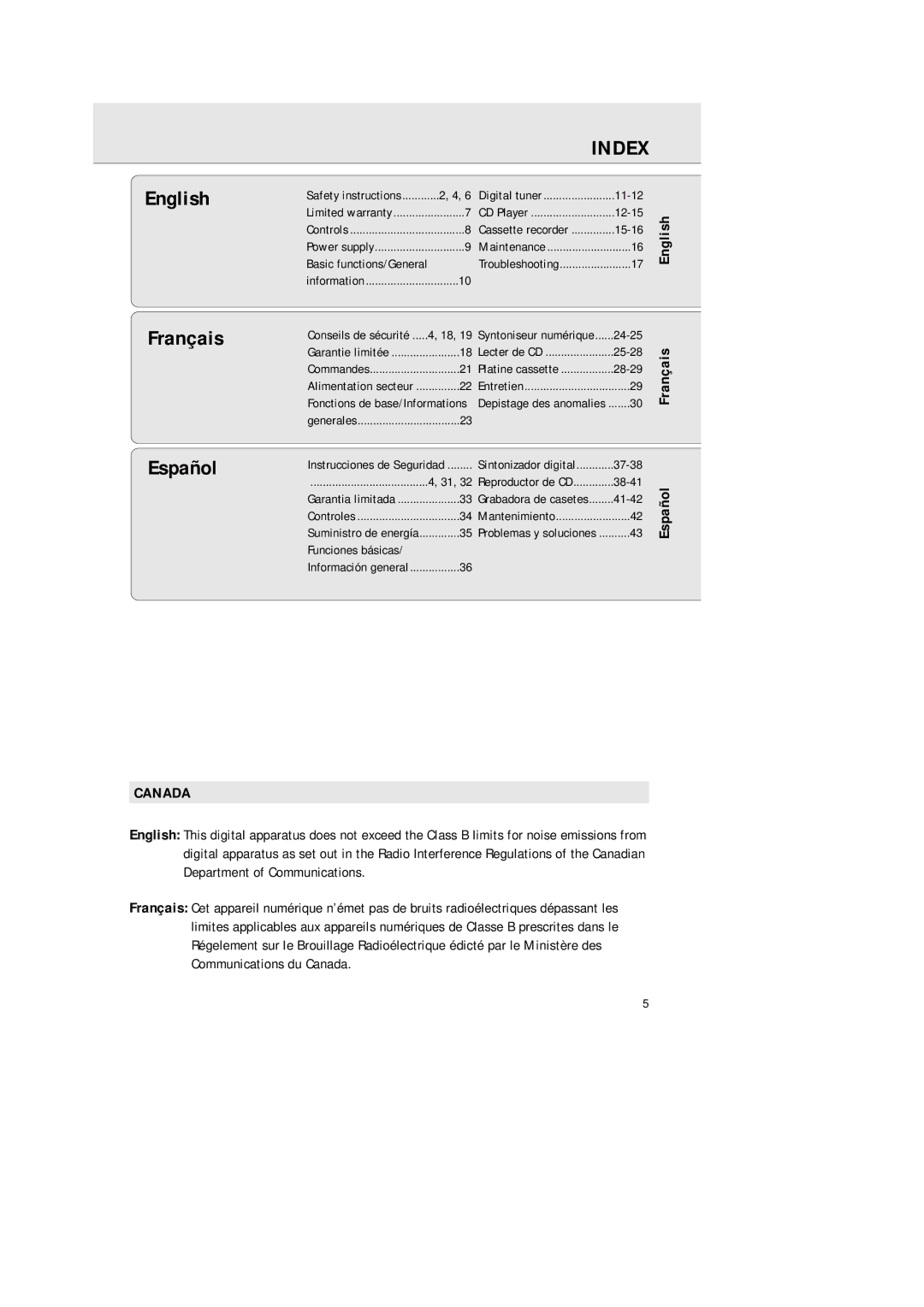 Philips 1575 manual Index, English Français Español, Funciones básicas 