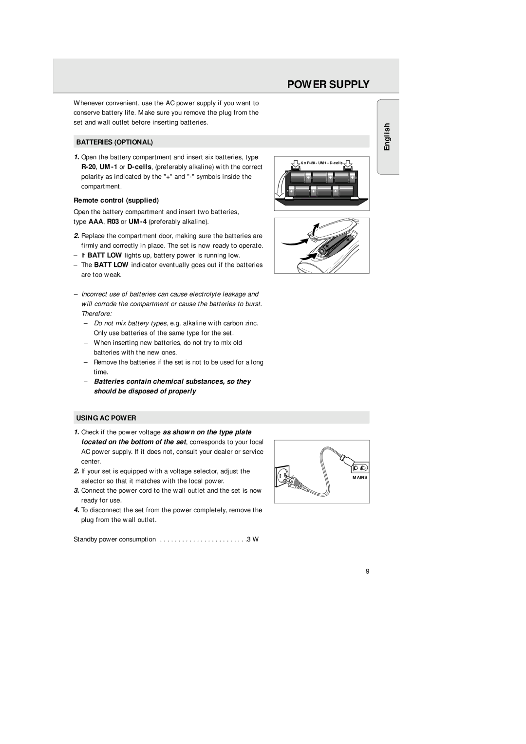 Philips 1575 manual Power Supply, Batteries Optional, Remote control supplied, Using AC Power 