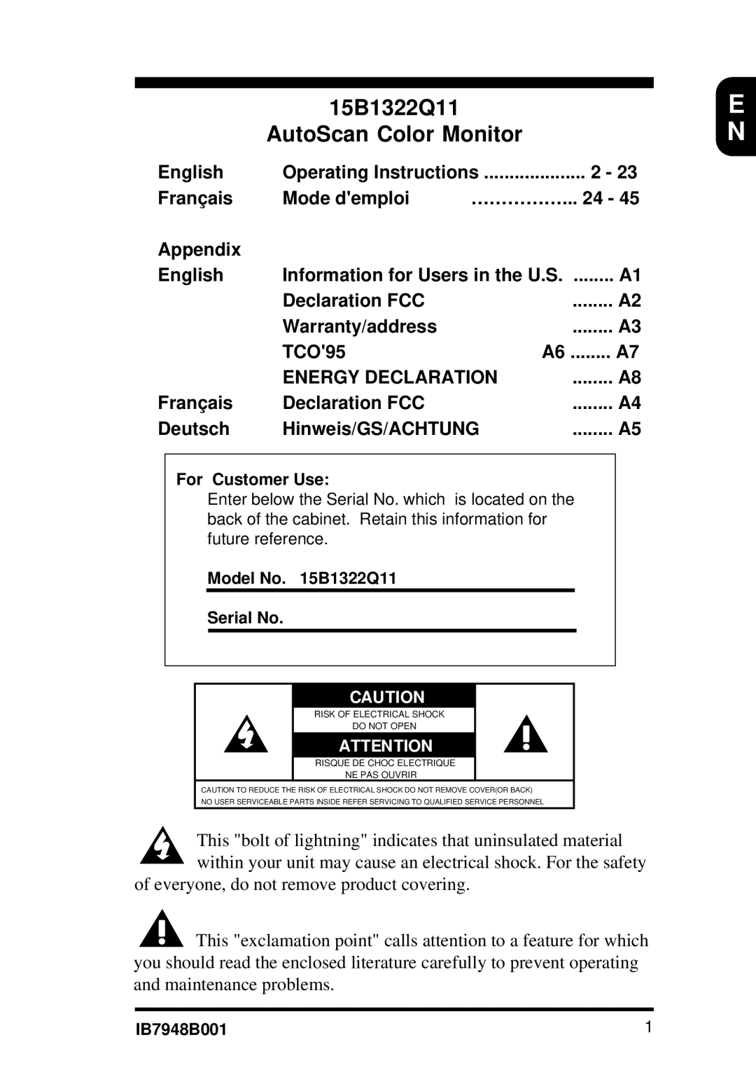 Philips 15B1322Q11 operating instructions Operating Instructions, For Customer Use Enter below the Serial No. which 