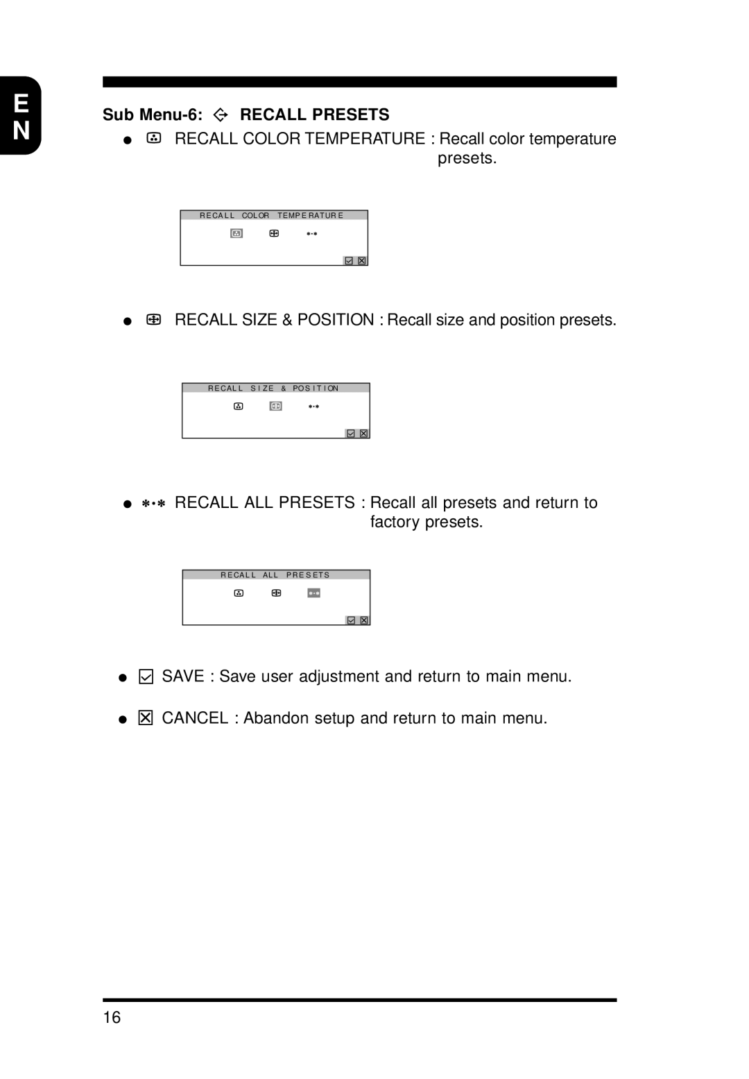 Philips 15B1322Q11 operating instructions Sub Menu-6 Recall Presets 