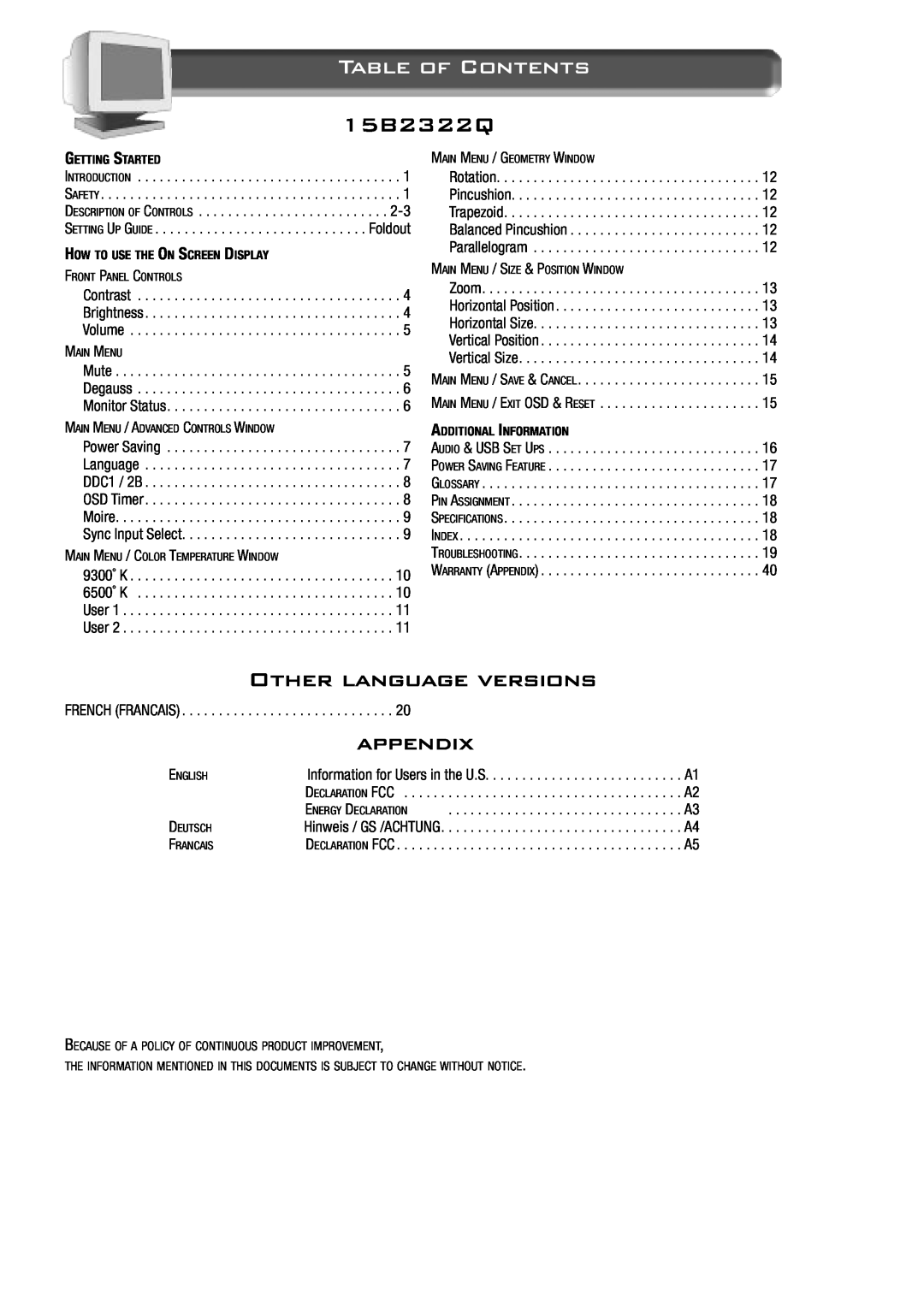 Philips 15B2322Q appendix Table of Contents, Other language versions 