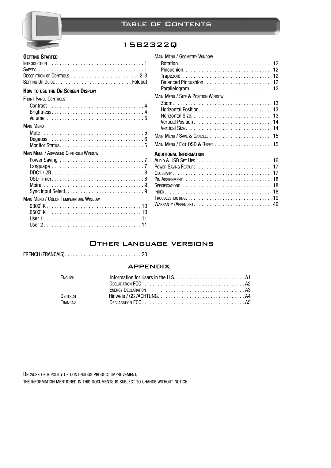 Philips 15B2322Q appendix Table of Contents 