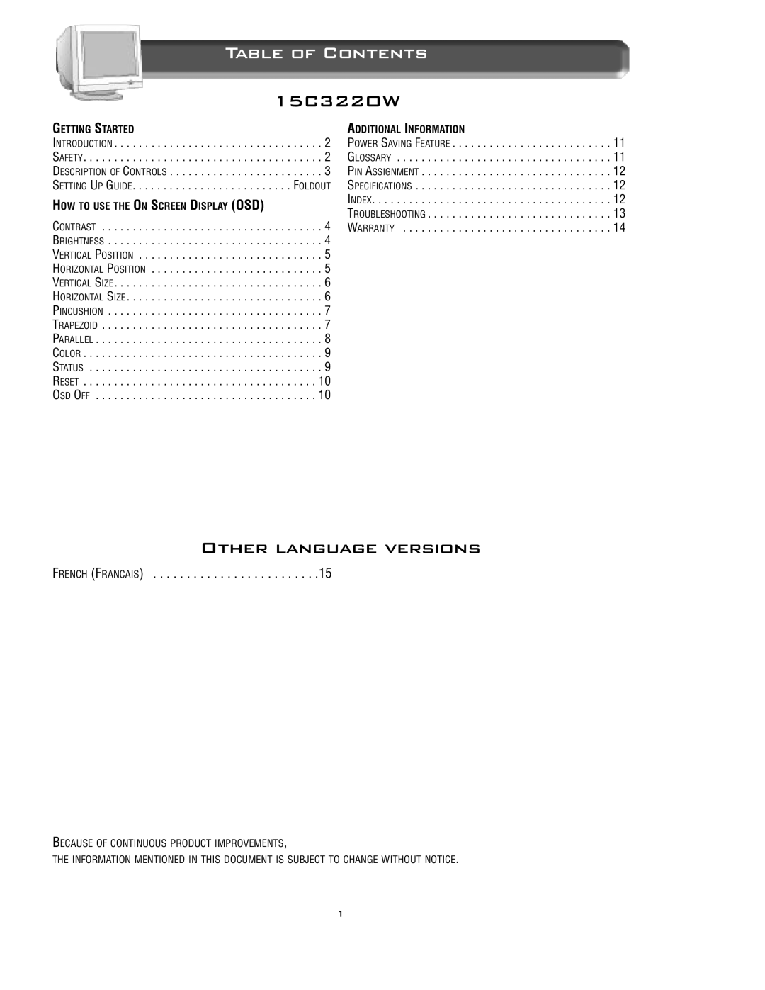 Philips 15C322OW specifications Table of Contents 