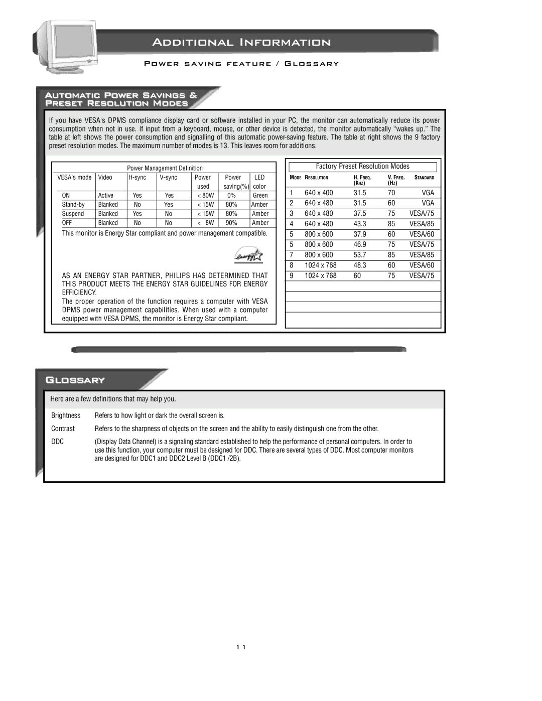 Philips 15C322OW specifications Additional Information, Glossary 