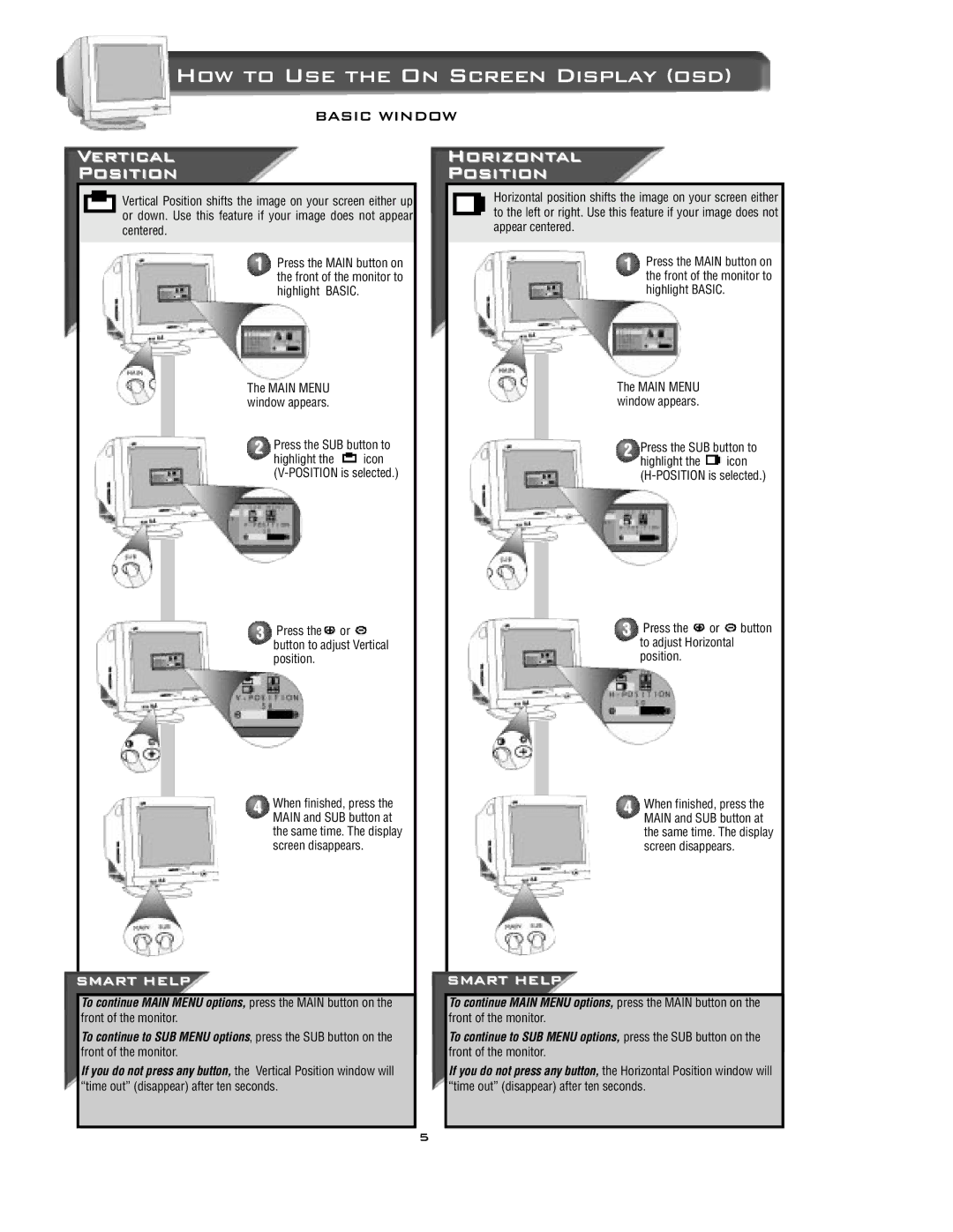 Philips 15C322OW specifications Vertical Position, Horizontal Position, Press the SUB button to 