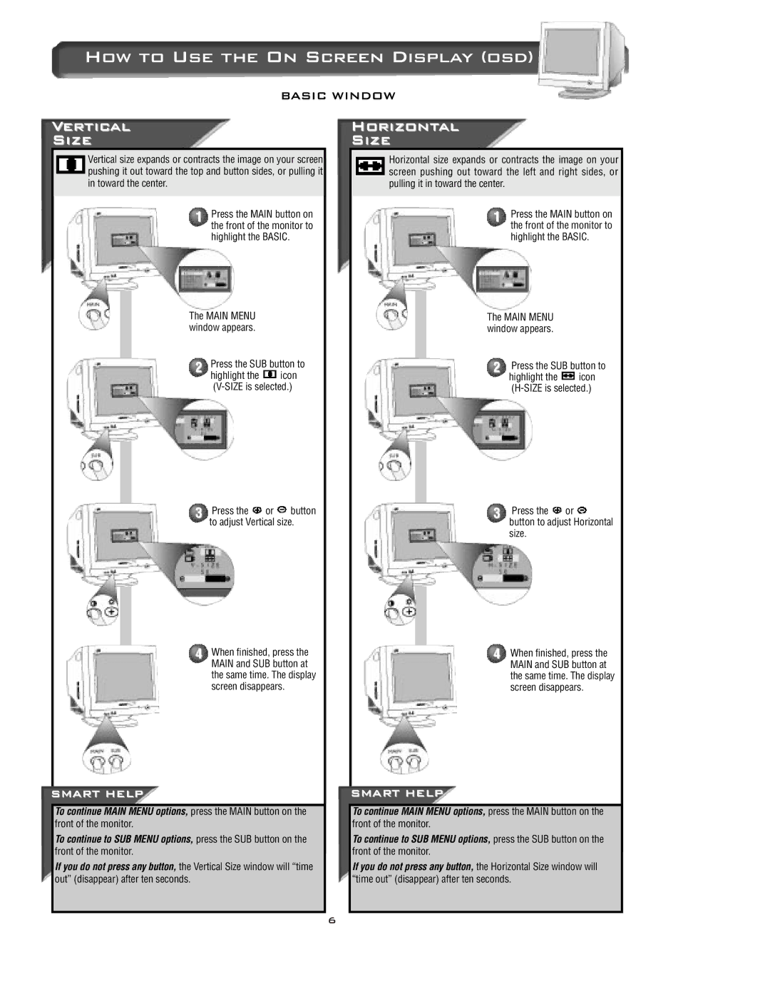 Philips 15C322OW Vertical Size, Horizontal Size, Press the or button to adjust Vertical size, Front of the monitor 