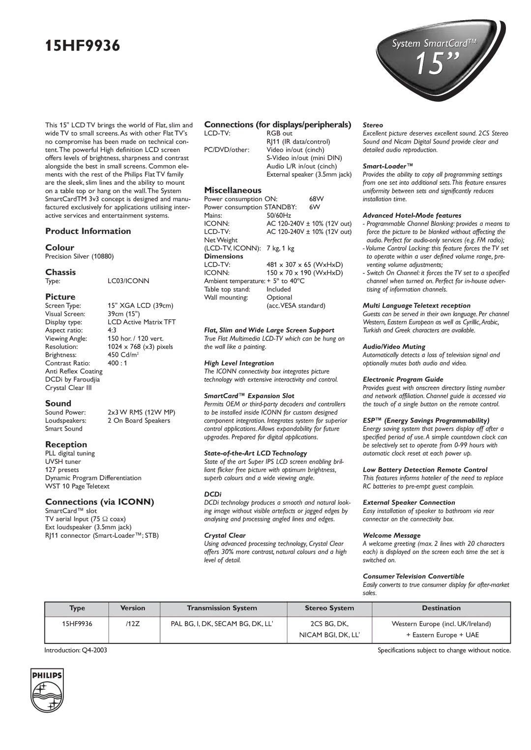 Philips 15HF9936 Product Information Colour, Chassis, Picture, Sound, Reception, Connections via Iconn, Miscellaneous 