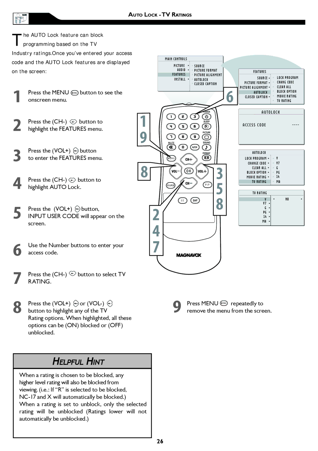 Philips 15MF/20MF owner manual Press the Menu Menu button to see the onscreen menu, T O L O C K 