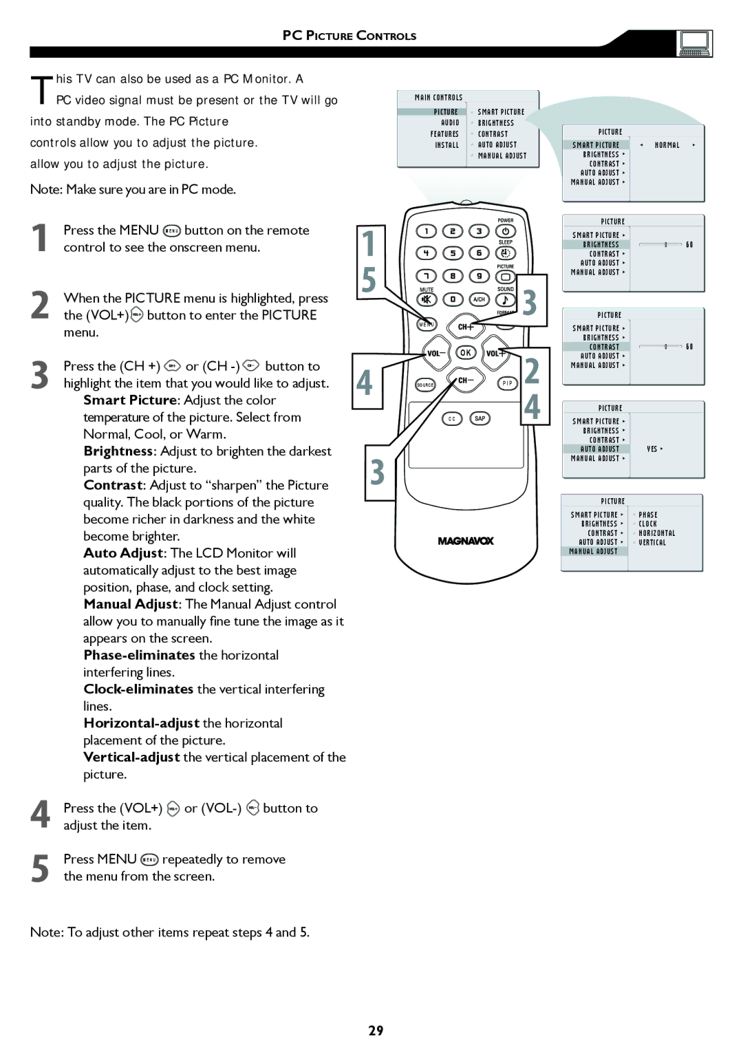 Philips 15MF/20MF owner manual Into standby mode. The PC Picture, Controls allow you to adjust the picture 