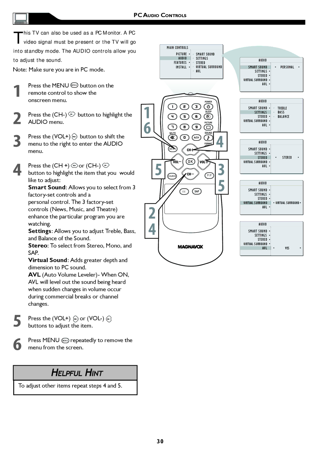 Philips 15MF/20MF owner manual To adjust the sound, To adjust other items repeat steps 4 