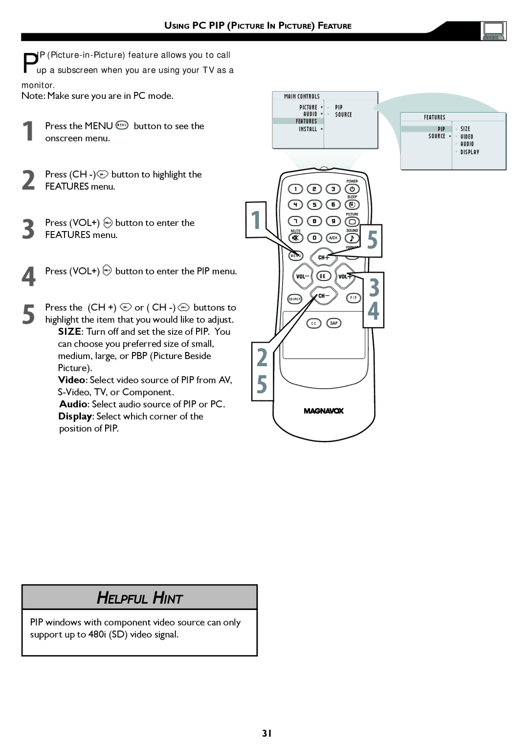 Philips 15MF/20MF owner manual Monitor, Press VOL+ button to enter the PIP menu 