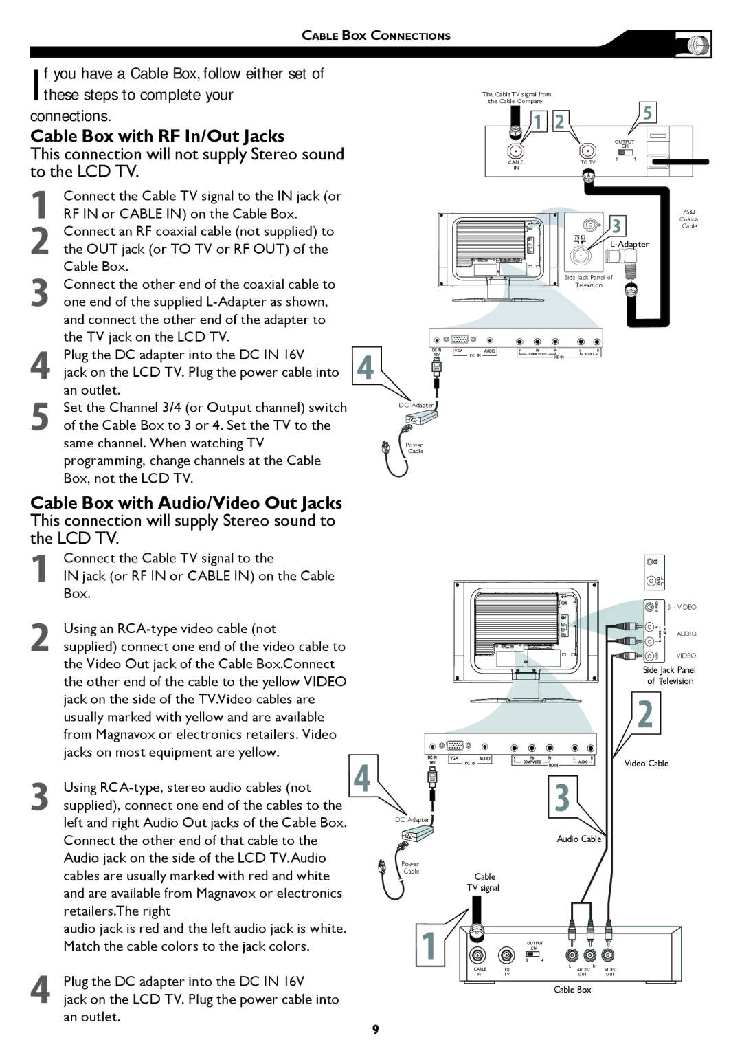 Philips 15MF/20MF owner manual Connect the Cable TV signal to the in jack or, Cables are usually marked with red and white 