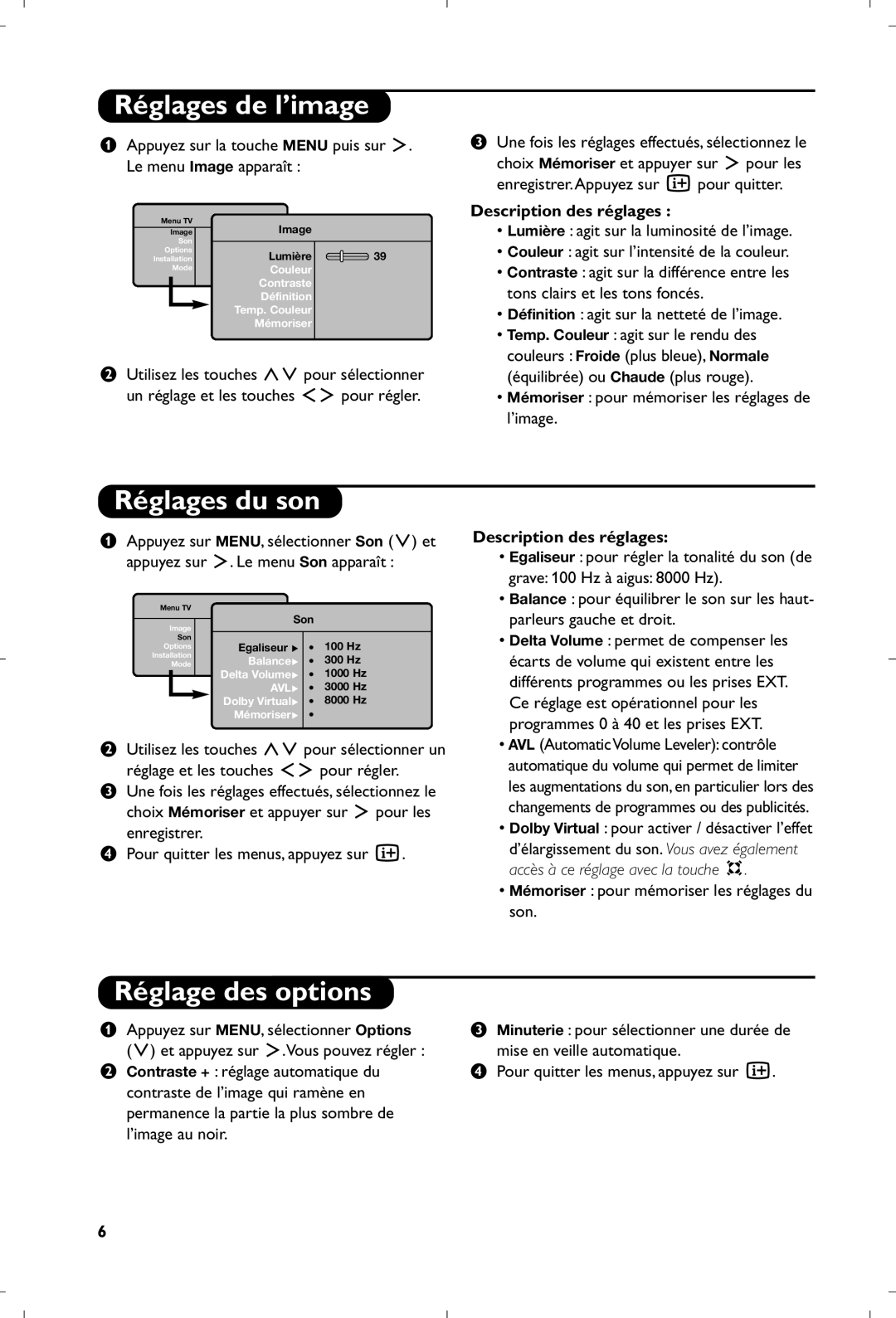 Philips 15PF4110/58 manual Réglages de l’image, Réglages du son, Réglage des options, Description des réglages 