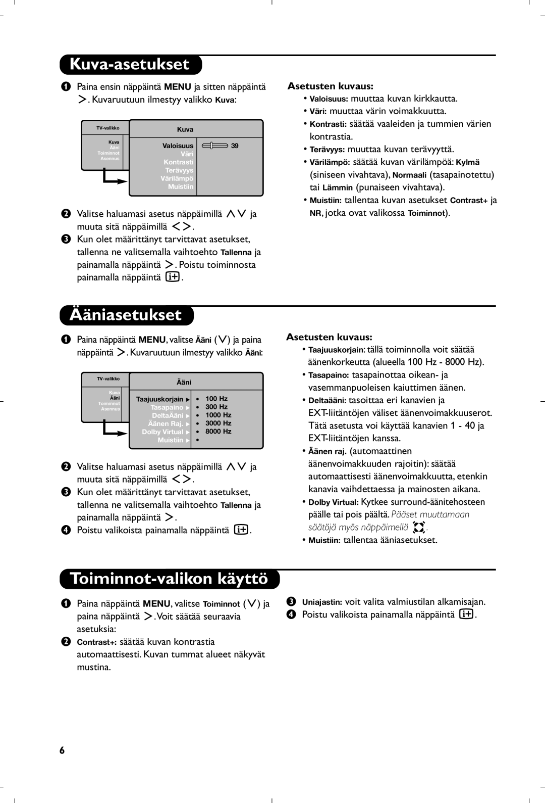 Philips 15PF4110/58 manual Kuva-asetukset, Ääniasetukset, Toiminnot-valikon käyttö, Asetusten kuvaus 