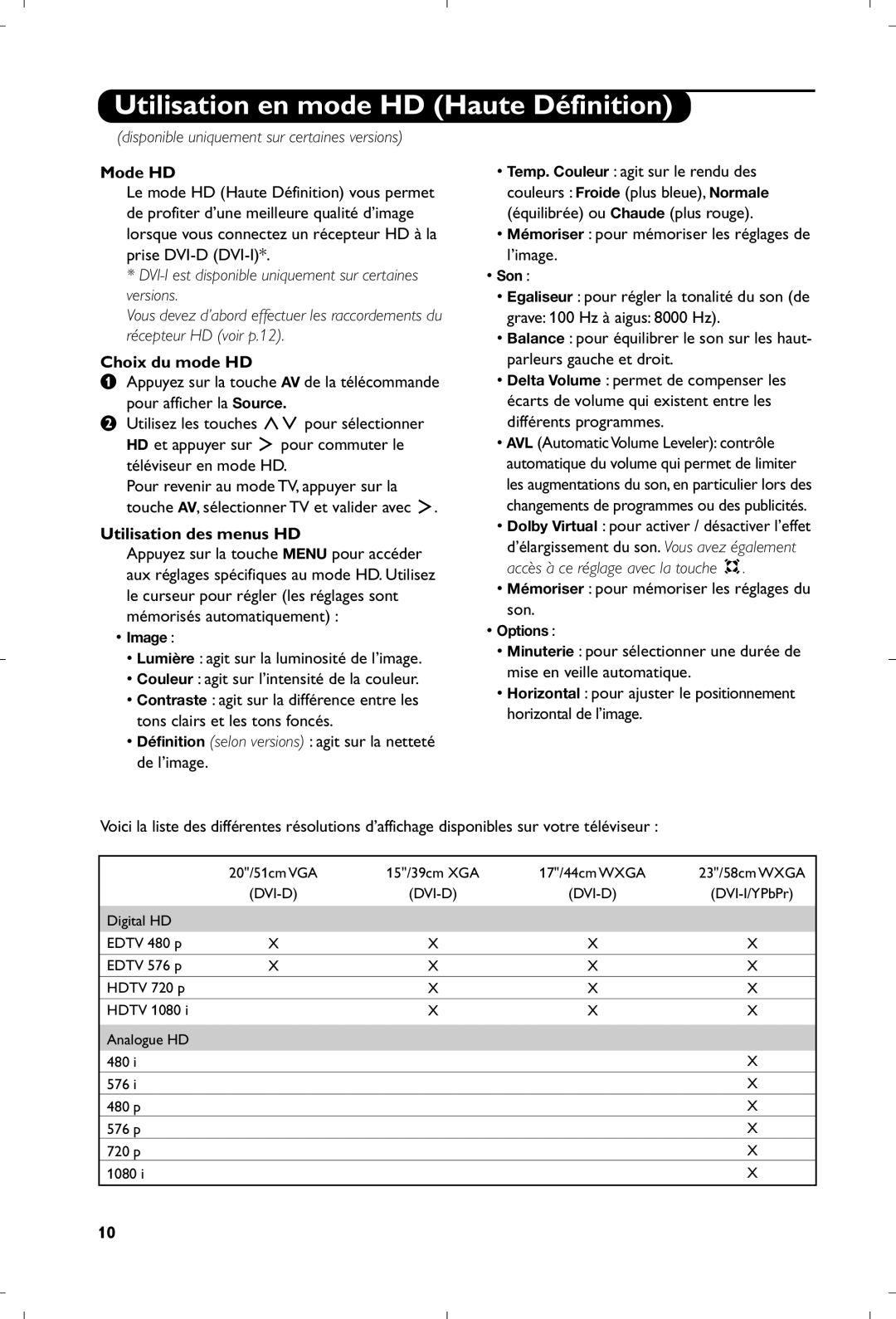 Philips 15PF4110/58 manual Utilisation en mode HD Haute Définition, Mode HD, Choix du mode HD, Utilisation des menus HD 