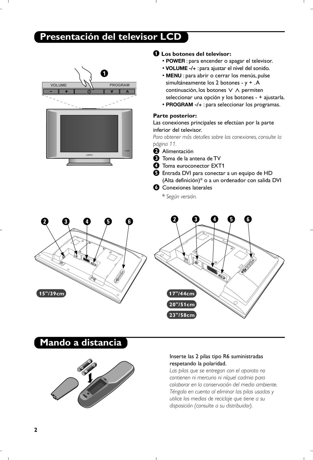 Philips 15PF4110/58 manual Presentación del televisor LCD, Mando a distancia, Los botones del televisor, Parte posterior 