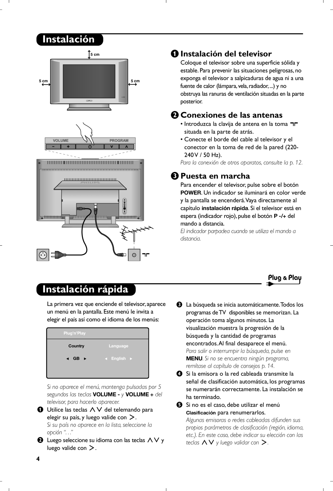 Philips 15PF4110/58 manual Instalación rápida, Instalación del televisor, Conexiones de las antenas, Puesta en marcha 