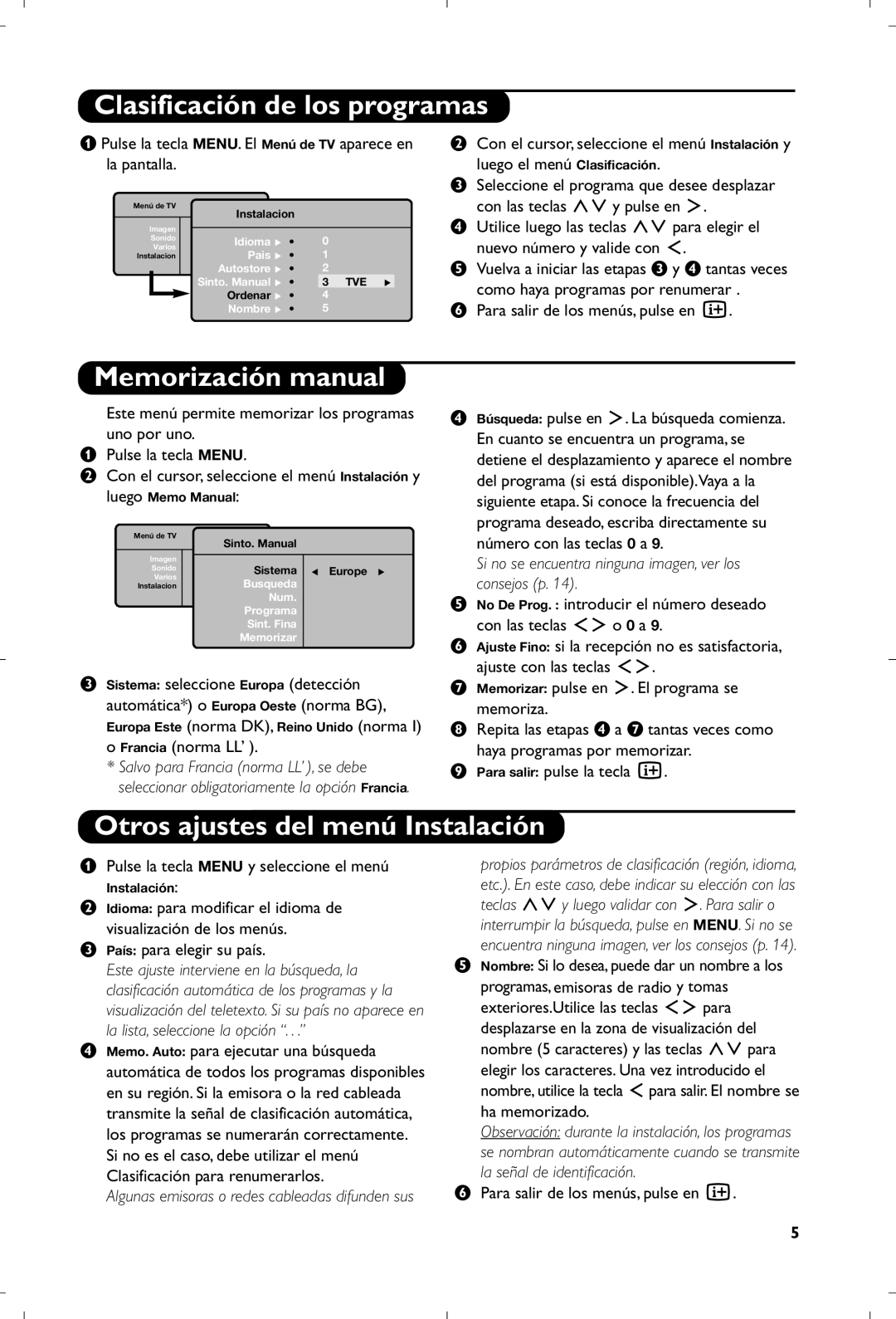 Philips 15PF4110/58 Clasificación de los programas, Memorización manual, Otros ajustes del menú Instalación 