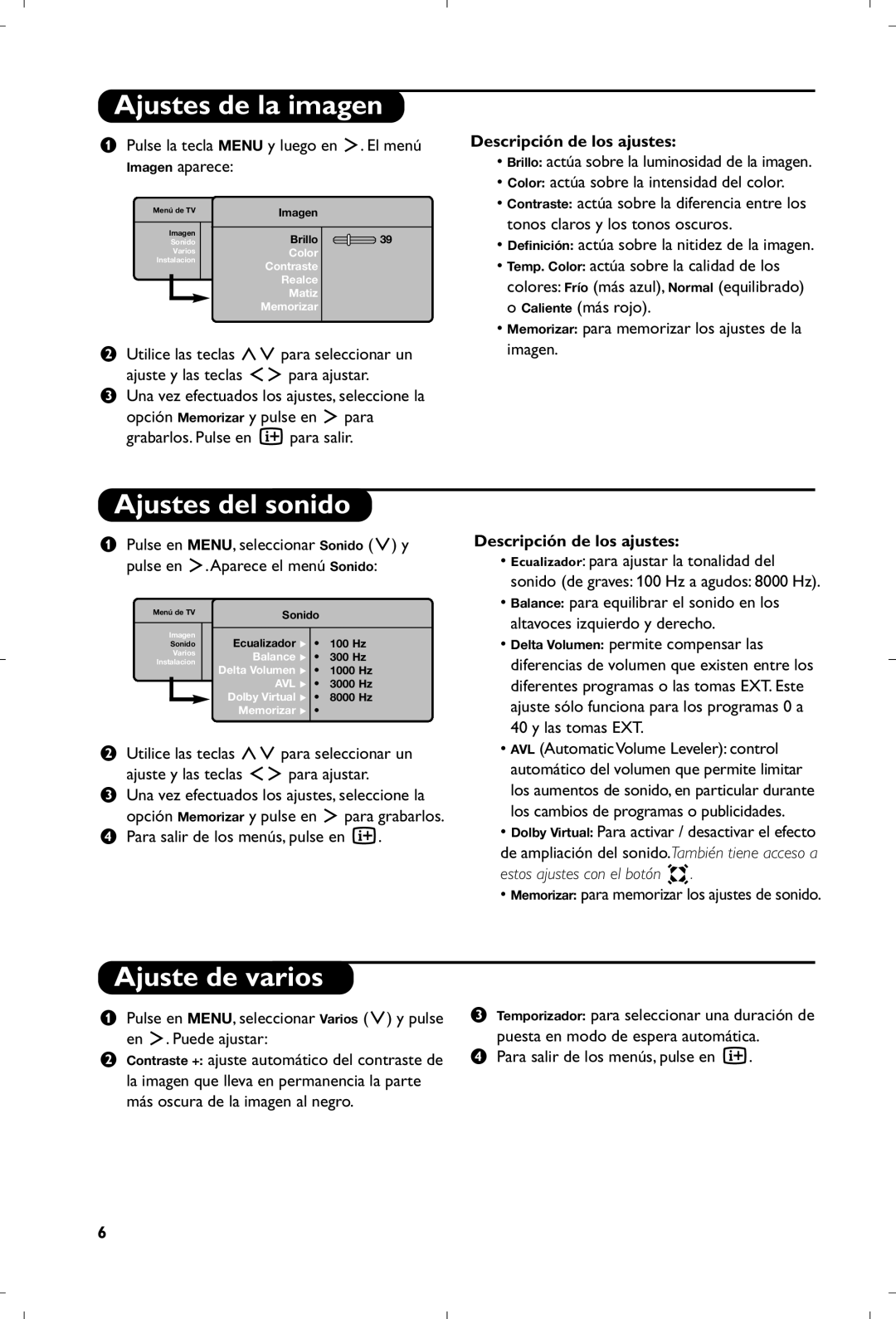 Philips 15PF4110/58 manual Ajustes de la imagen, Ajustes del sonido, Ajuste de varios, Descripción de los ajustes 