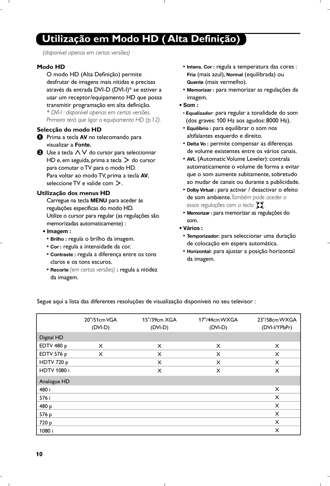 Philips 15PF4110/58 manual Utilização em Modo HD Alta Definição, Disponível apenas em certas versões, Selecção do modo HD 