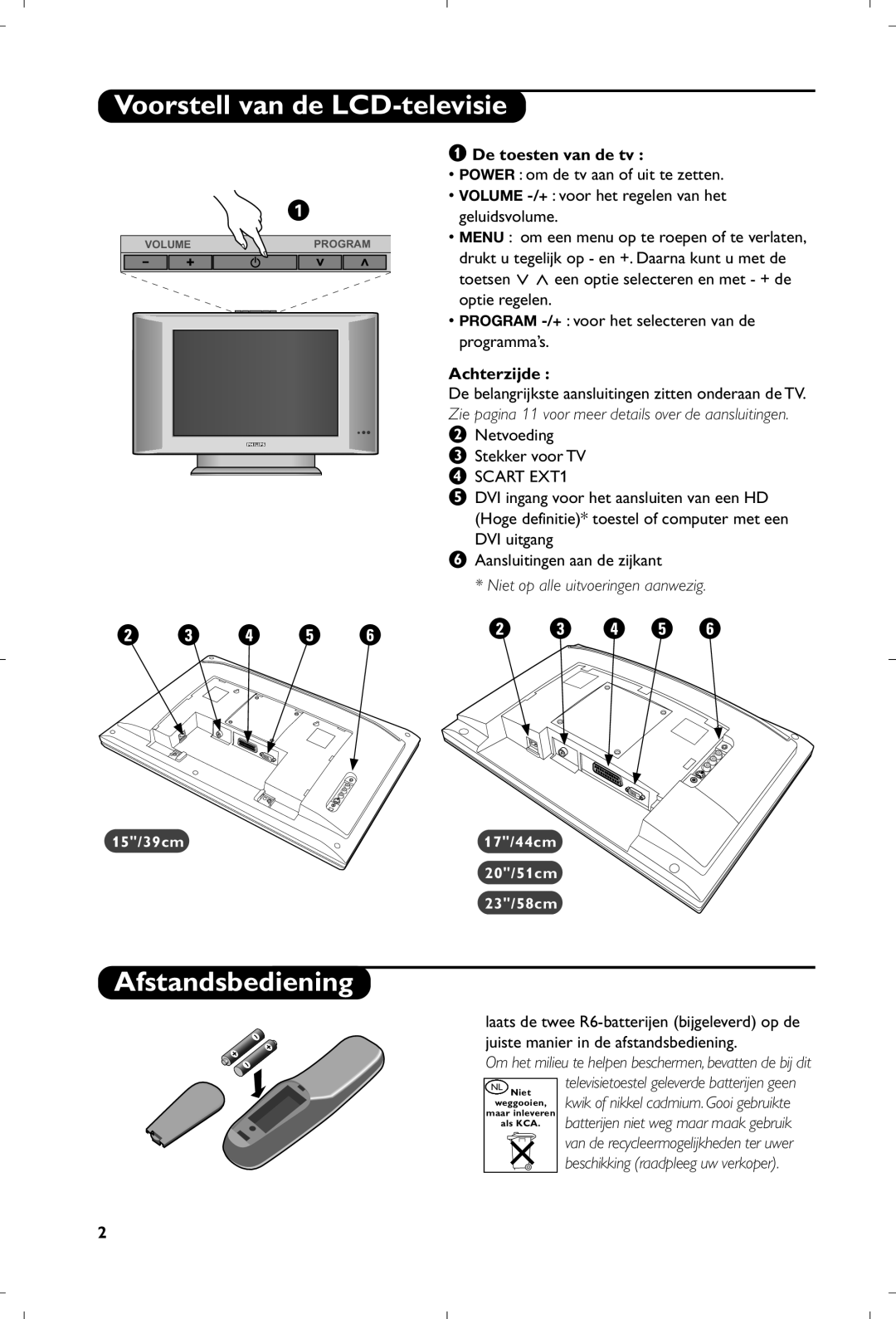 Philips 15PF4110/58 manual Voorstell van de LCD-televisie, Afstandsbediening, De toesten van de tv, Achterzijde 