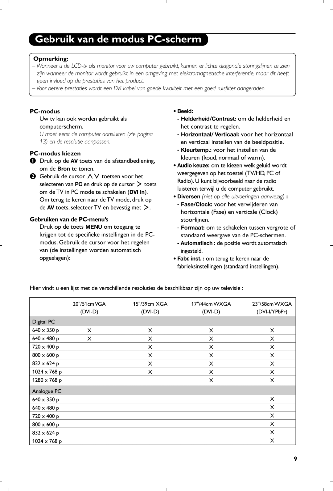 Philips 15PF4110/58 manual Gebruik van de modus PC-scherm, Opmerking, PC-modus kiezen, Gebruiken van de PC-menu’s 