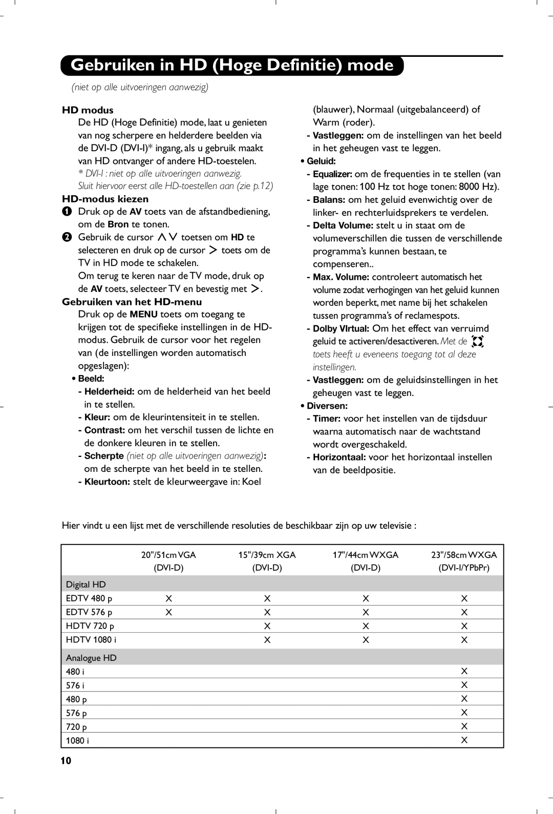 Philips 15PF4110/58 manual Gebruiken in HD Hoge Definitie mode, HD modus, DVI-I niet op alle uitvoeringen aanwezig 