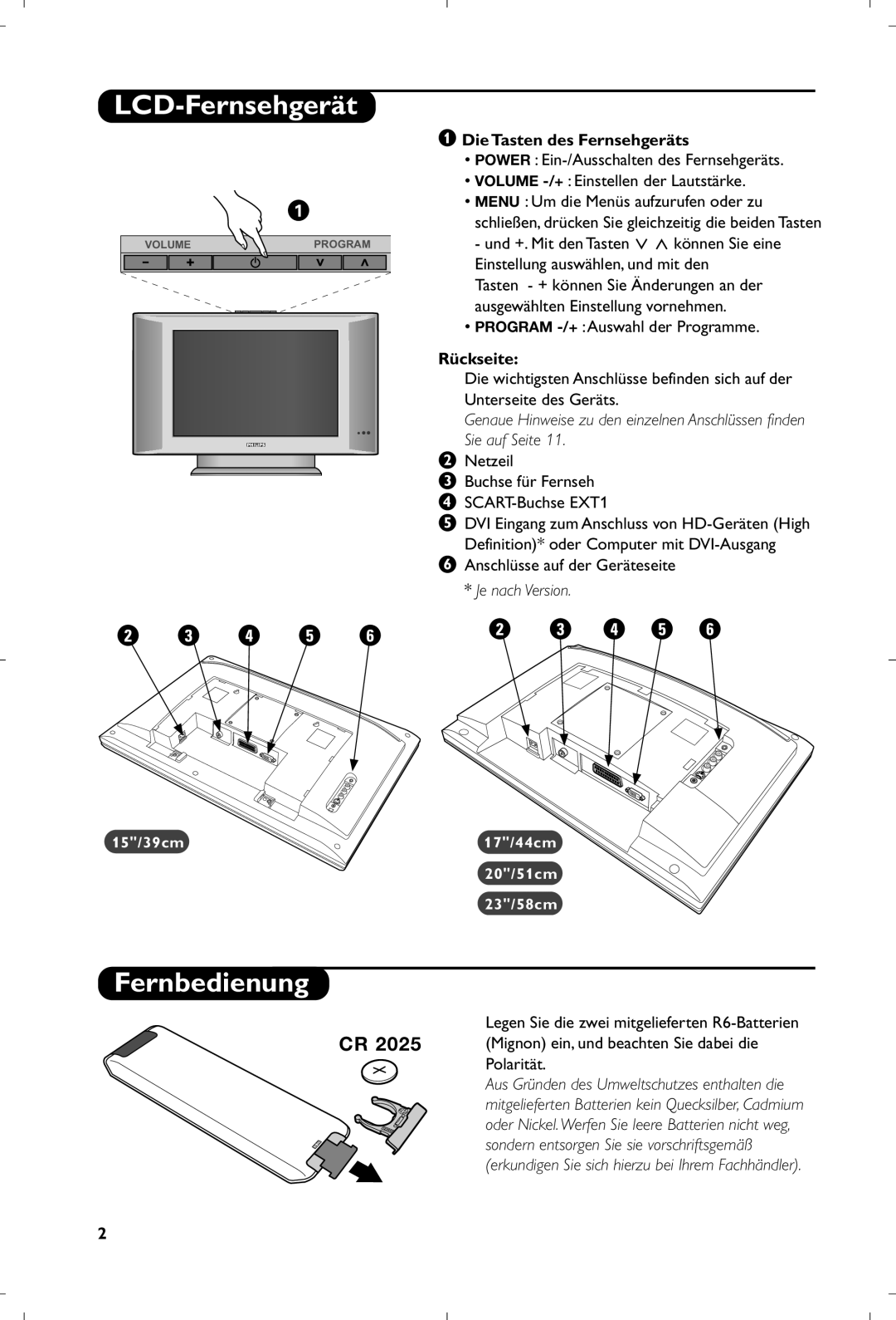 Philips 15PF4110/58 manual LCD-Fernsehgerät, Fernbedienung, Die Tasten des Fernsehgeräts, Rückseite, Je nach Version 