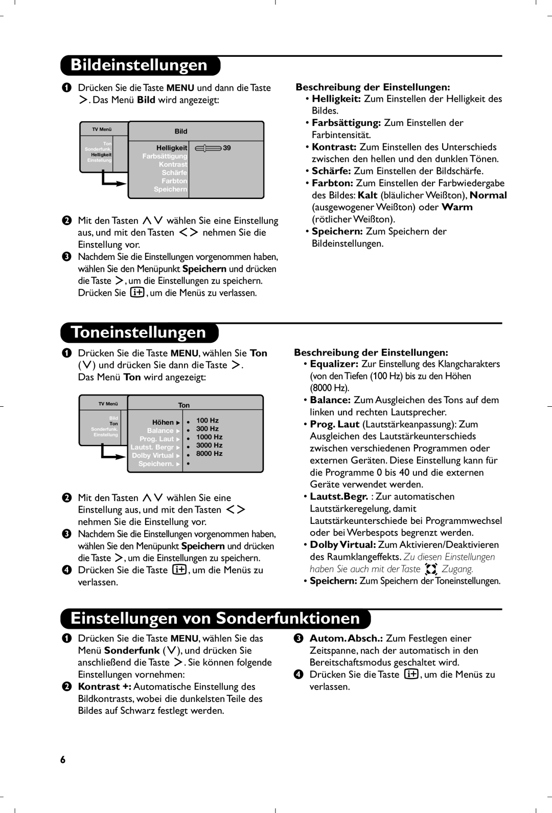 Philips 15PF4110/58 manual Bildeinstellungen, Toneinstellungen, Einstellungen von Sonderfunktionen 