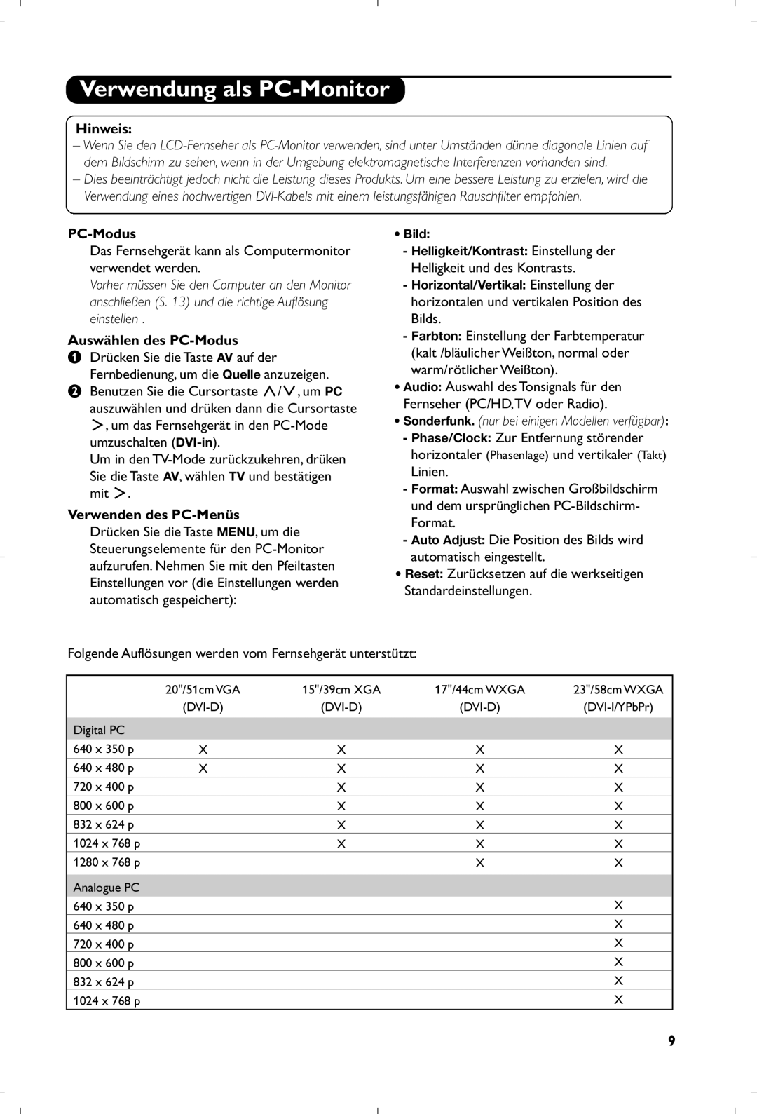 Philips 15PF4110/58 manual Verwendung als PC-Monitor, Hinweis, Das Fernsehgerät kann als Computermonitor verwendet werden 